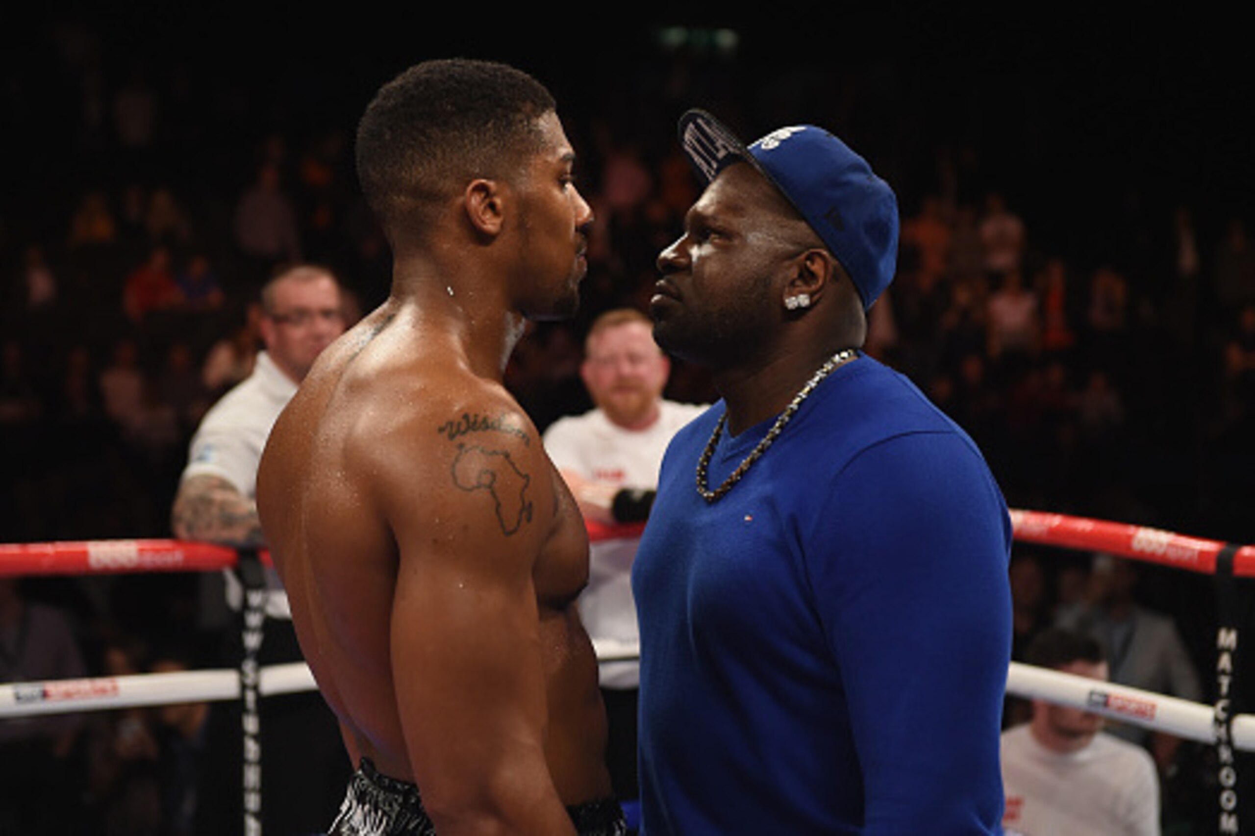 BIRMINGHAM, ENGLAND - MAY 09:  Anthony Joshua goes face to face with Kevin Johnson who he will fight soon during Resurrection Fight Night at Barclaycard Arena on May 9, 2015 in Birmingham, England.  (Photo by Christopher Lee/Getty Images)