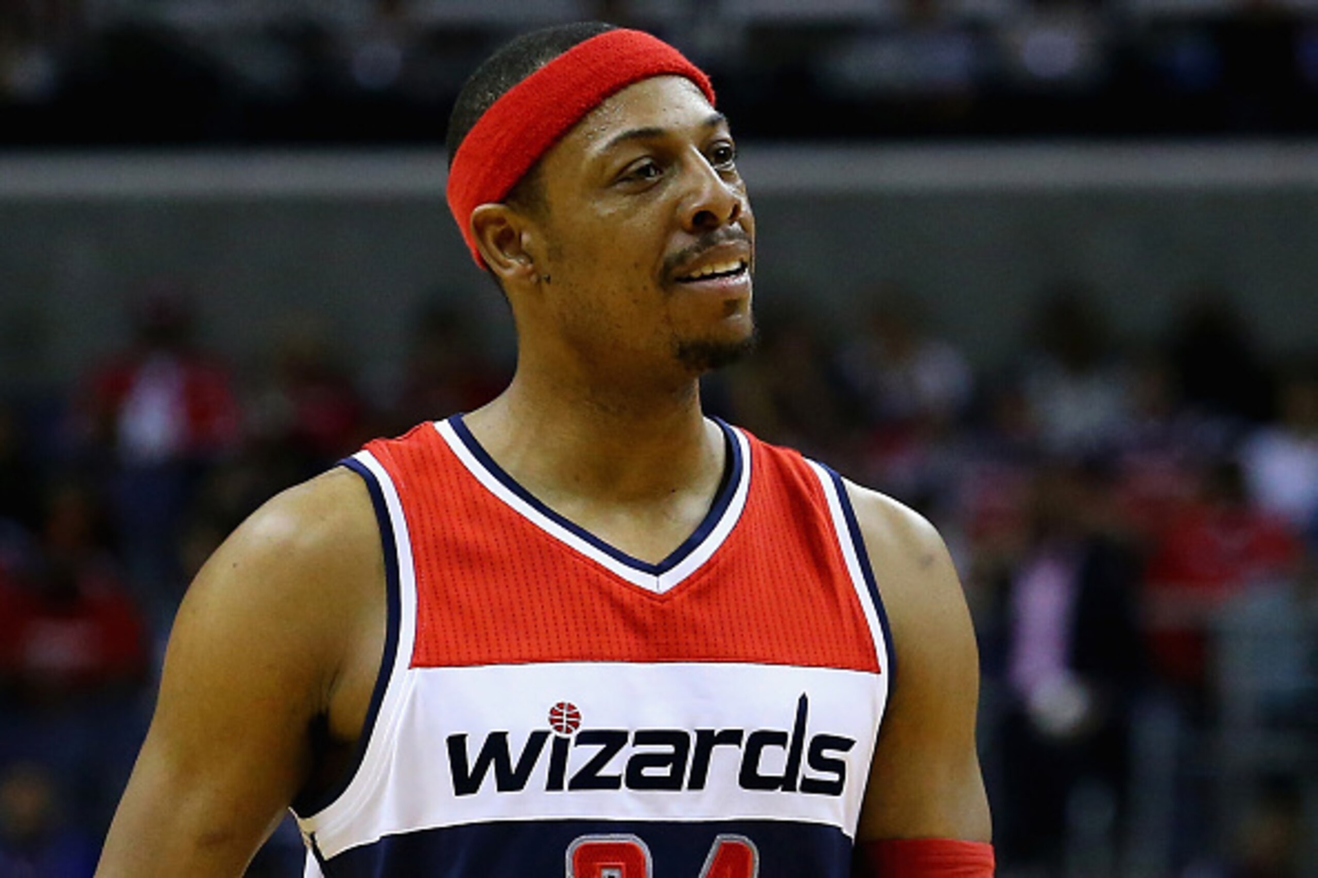 WASHINGTON, DC - MAY 15:  Paul Pierce #34 of the Washington Wizards looks on during the second half against the Atlanta Hawks at Verizon Center on May 15, 2015 in Washington, DC. The Hawks defeat the Wizards 94-91.  (Photo by Maddie Meyer/Getty Images)
