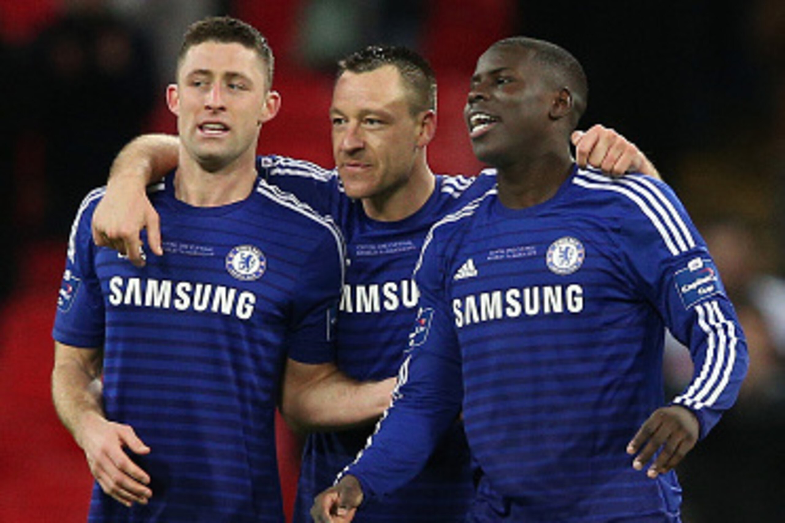 LONDON, ENGLAND - MARCH 01: (L-R) Gary Cahill, John Terry and Kurt Zouma of Chelsea celebrate after victory in the Capital One Cup Final match between Chelsea and Tottenham Hotspur at Wembley Stadium on March 1, 2015 in London, England. (Photo by Clive LONDON, ENGLAND - MARCH 01: (L-R) Gary Cahill, John Terry and Kurt Zouma of Chelsea celebrate after victory in the Capital One Cup Final match between Chelsea and Tottenham Hotspur at Wembley Stadium on March 1, 2015 in London, England. (Photo by Clive