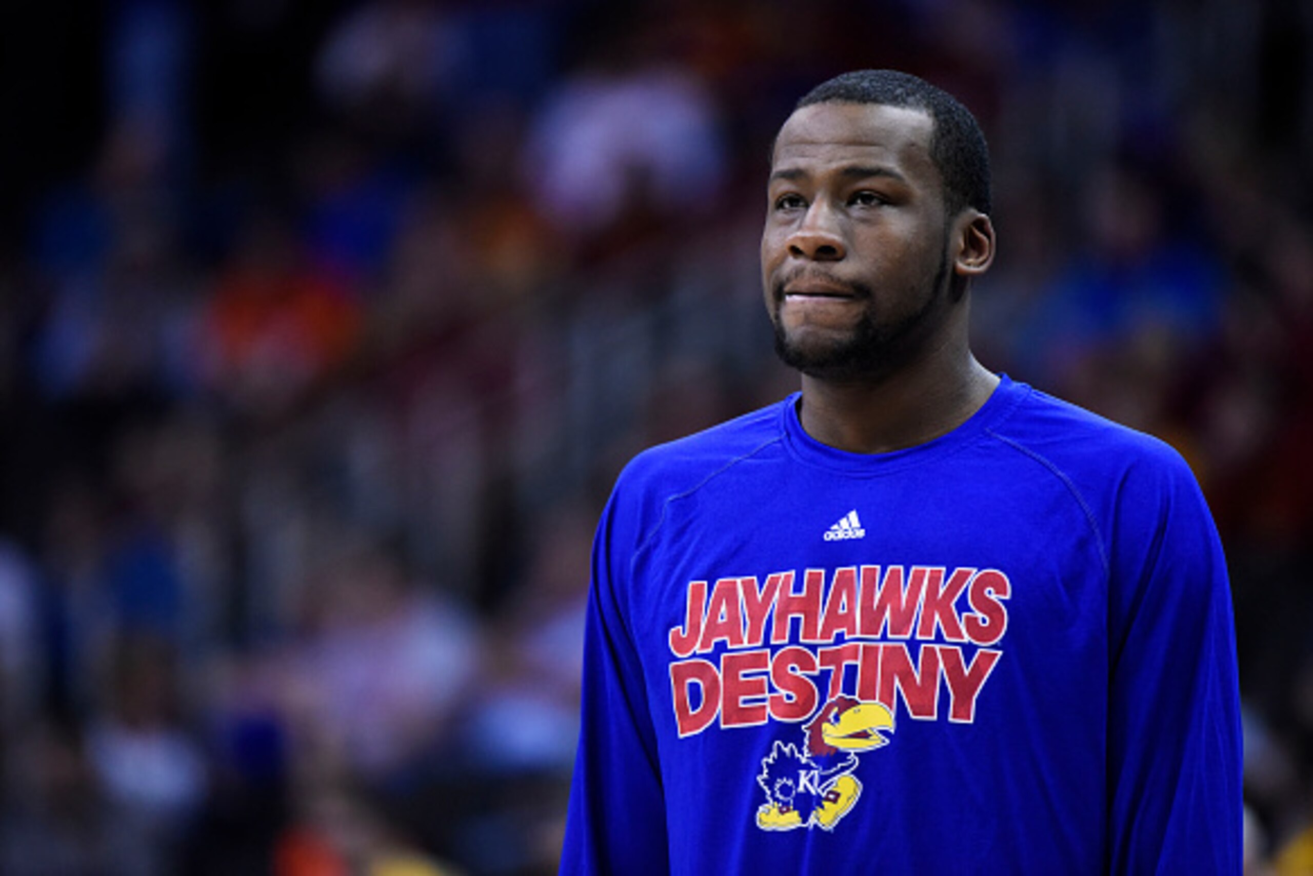 KANSAS CITY, MO - MARCH 13:  Cliff Alexander #2 of the Kansas Jayhawks looks on against the Baylor Bears during a semifinal game of the 2015 Big 12 Basketball Tournament at Sprint Center on March 13, 2015 in Kansas City, Missouri.  (Photo by Ed Zurga/Gett