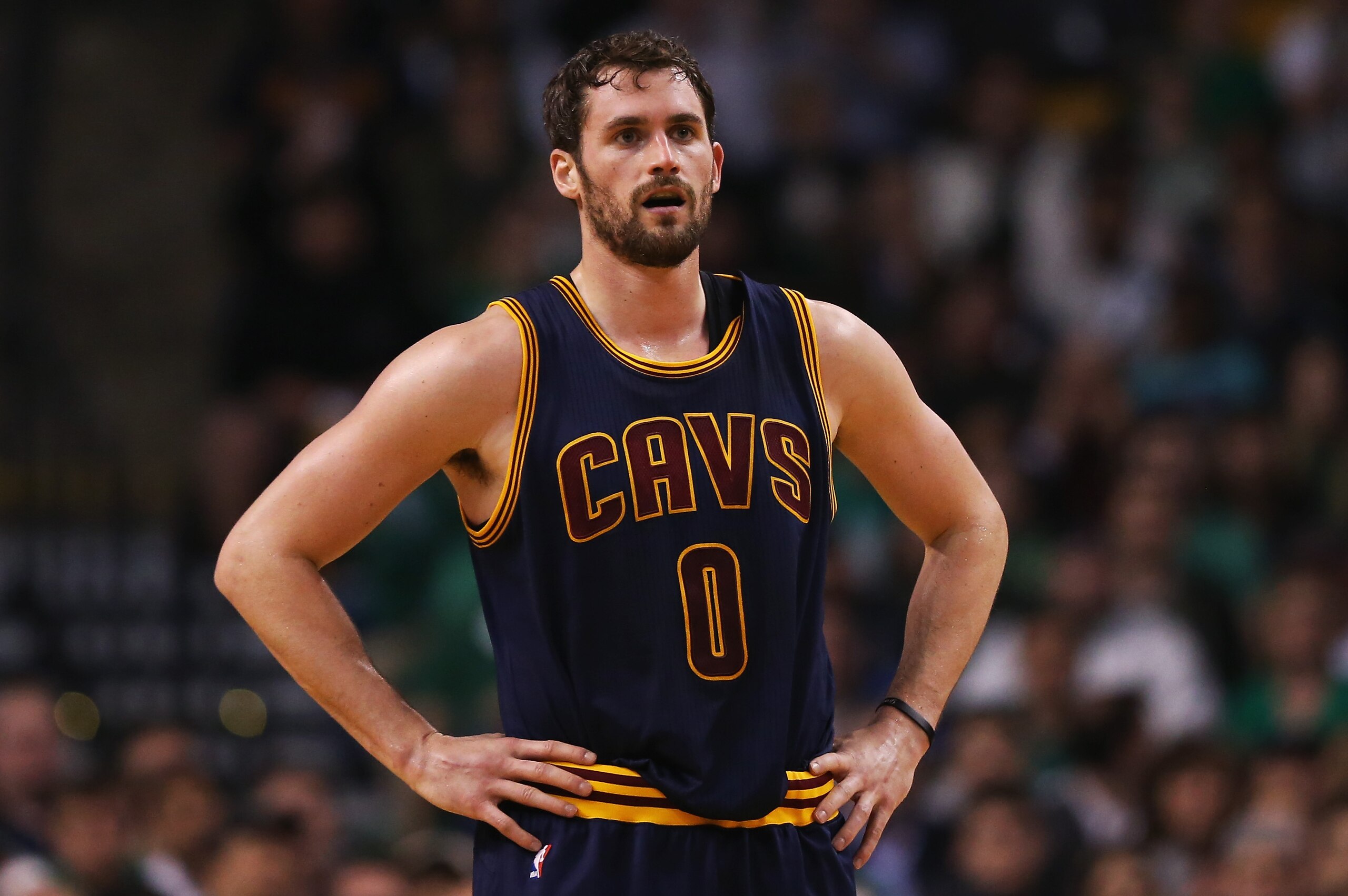 BOSTON, MA - APRIL 23:  Kevin Love #0 of the Cleveland Cavaliers looks on during the first quarter against the Boston Celtics in the first round of the 2015 NBA Playoffs at TD Garden on April 23, 2015 in Boston, Massachusetts. NOTE TO USER: User expressly