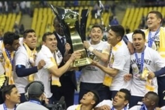 Apr 29, 2015; Montreal, Quebec, Canada; Club America celebrates their victory over the Montreal Impact in the CONCACAF Champions League final at Olympic Stadium. Mandatory Credit: Jean-Yves Ahern-USA TODAY Sports