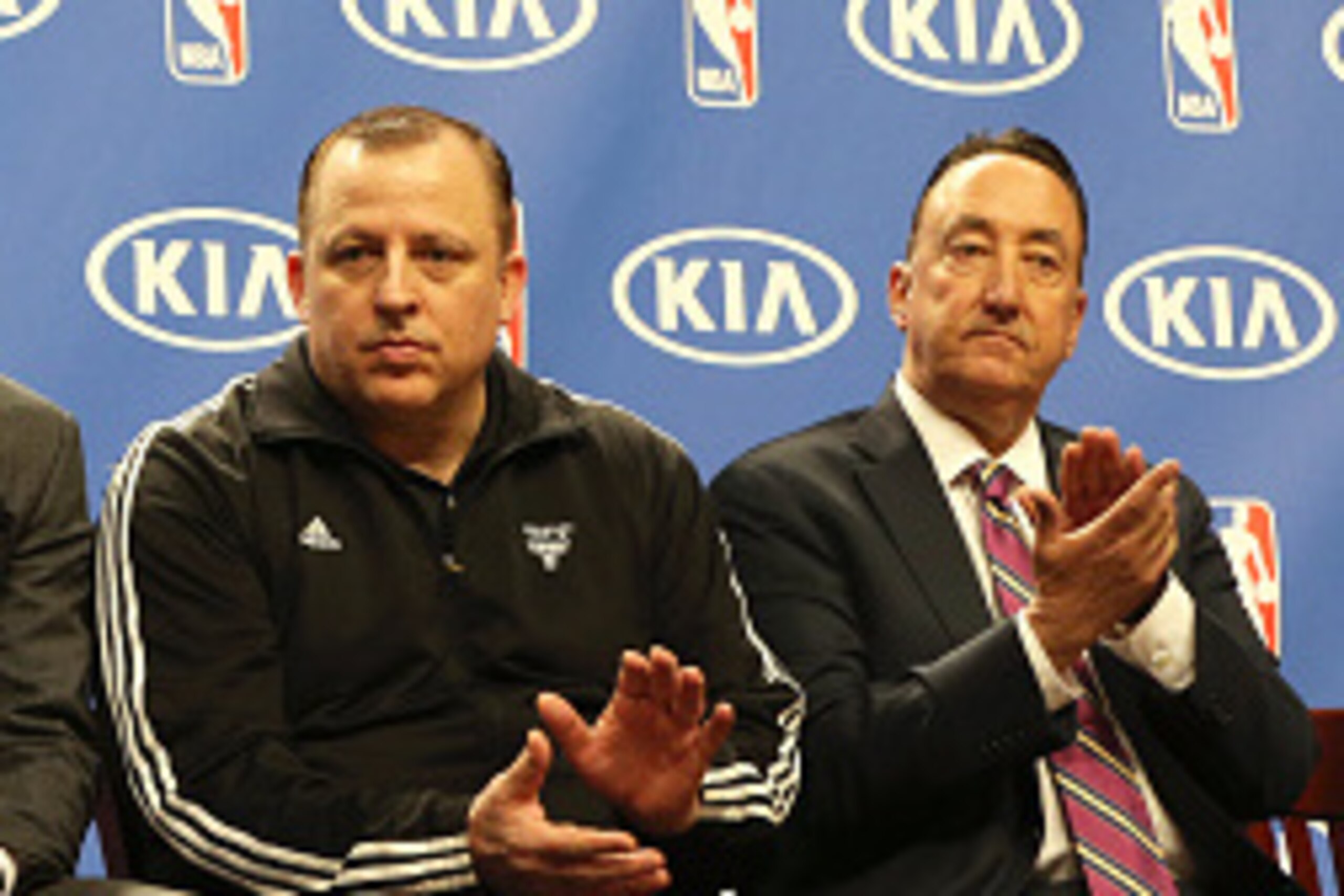 CHICAGO, IL - MAY 7: Jimmy Butler #21 head coach Tom Thibodeau and GM Gar Forman of the Chicago Bulls during the 2014-15 KIA NBA Most Improved Player Award on May 7, 2015 at the United Center in Chicago, Illinois. NOTE TO USER: User expressly acknowledges