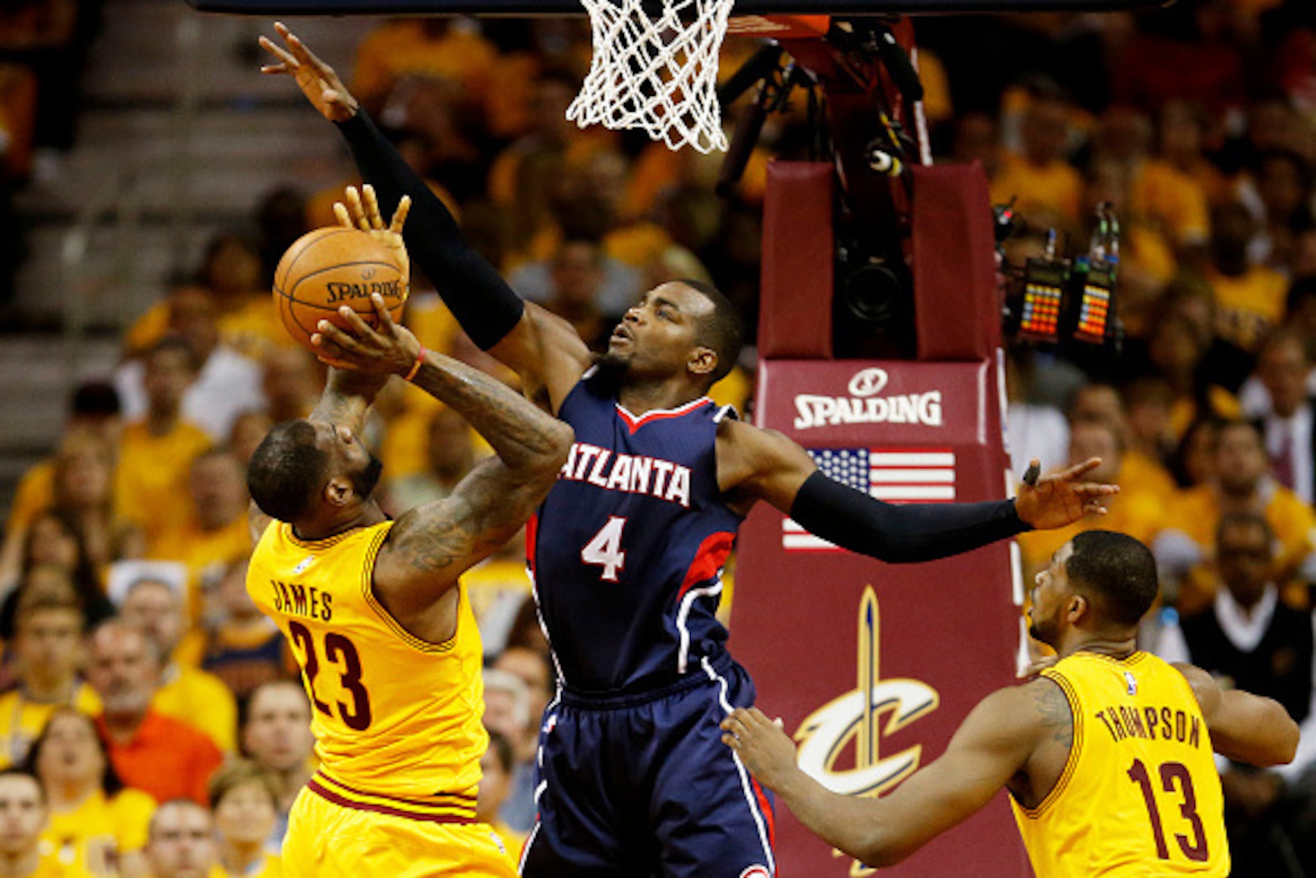 CLEVELAND, OH - MAY 24:  LeBron James #23 of the Cleveland Cavaliers goes up against Paul Millsap #4 of the Atlanta Hawks in the first quarter during Game Three of the Eastern Conference Finals of the 2015 NBA Playoffs at Quicken Loans Arena on May 24, 20