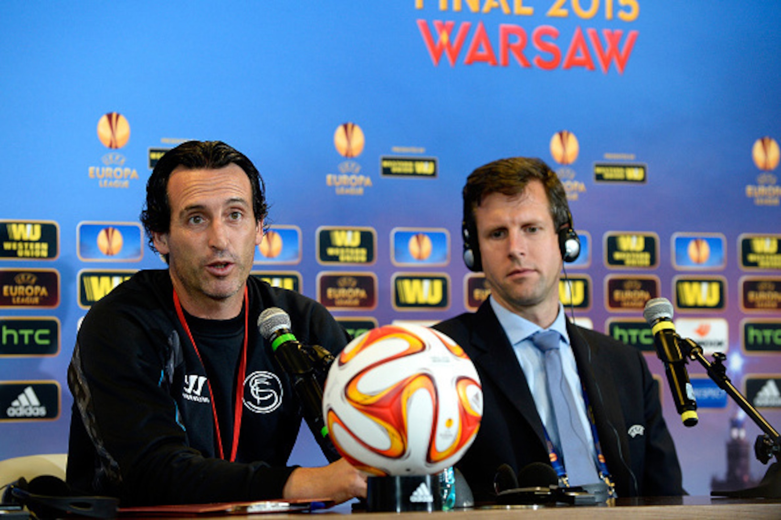 WARSAW, POLAND - MAY 26:  In this handout image provided by UEFA, Unai Emery (L), coach of Sevilla attends a FC Sevilla press conference on the eve of the UEFA Europa League Final against FC Dnipro Dnipropetrovsk at the National Stadium on May 26, 2015 in