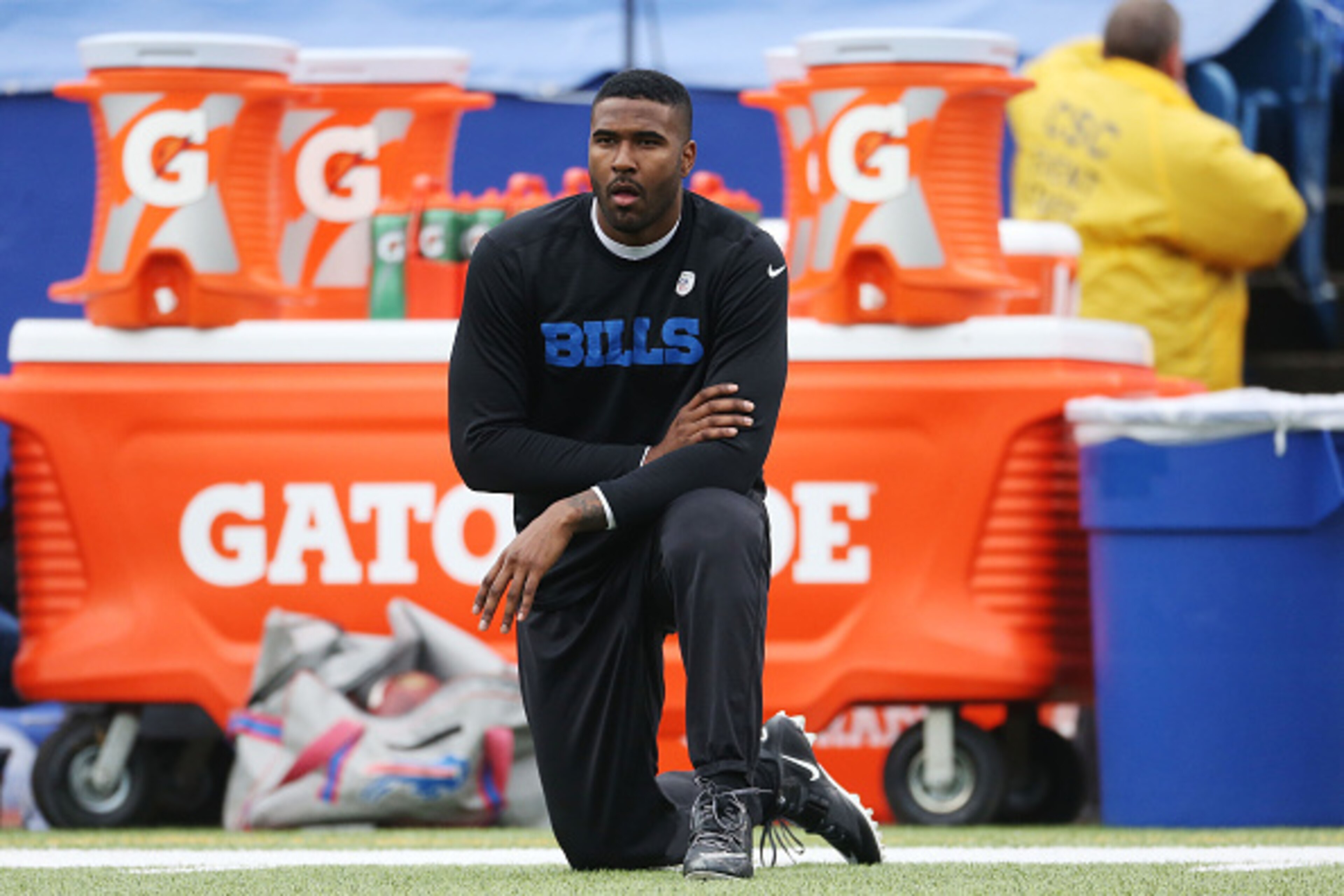 ORCHARD PARK, NY - NOVEMBER 30:   EJ Manuel #3 of the Buffalo Bills watches warm ups before the game against the Cleveland Browns at Ralph Wilson Stadium on November 30, 2014 in Orchard Park, New York.  (Photo by Tom Szczerbowski/Getty Images)