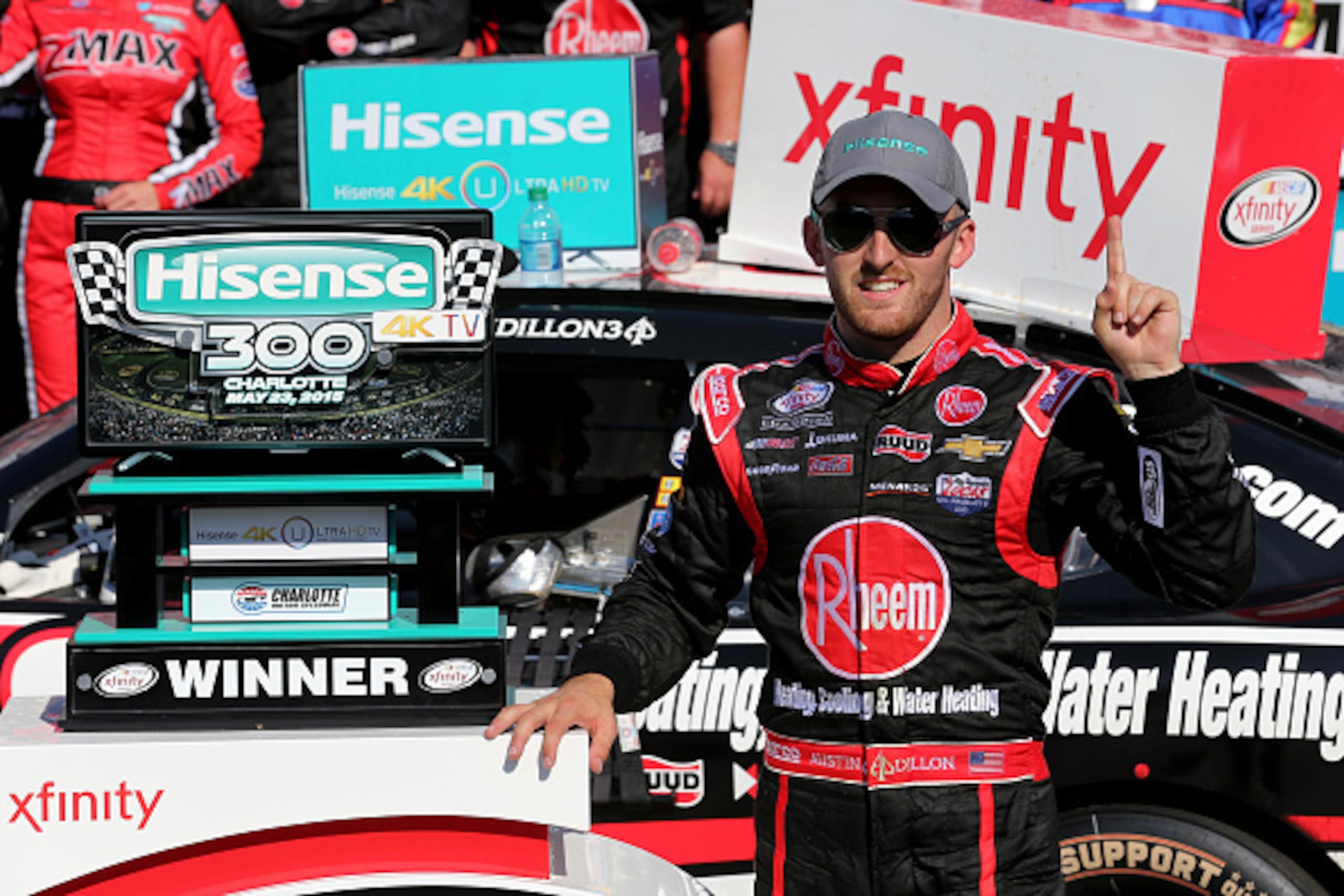 CHARLOTTE, NC - MAY 23: Austin Dillon, driver of the #33 Rheem Chevrolet, celebrates in Victory Lane after winning the NASCAR XFINITY Series Hisense 300 at Charlotte Motor Speedway on May 23, 2015 in Charlotte, North Carolina. (Photo by Streeter Lecka/G CHARLOTTE, NC - MAY 23: Austin Dillon, driver of the #33 Rheem Chevrolet, celebrates in Victory Lane after winning the NASCAR XFINITY Series Hisense 300 at Charlotte Motor Speedway on May 23, 2015 in Charlotte, North Carolina. (Photo by Streeter Lecka/G