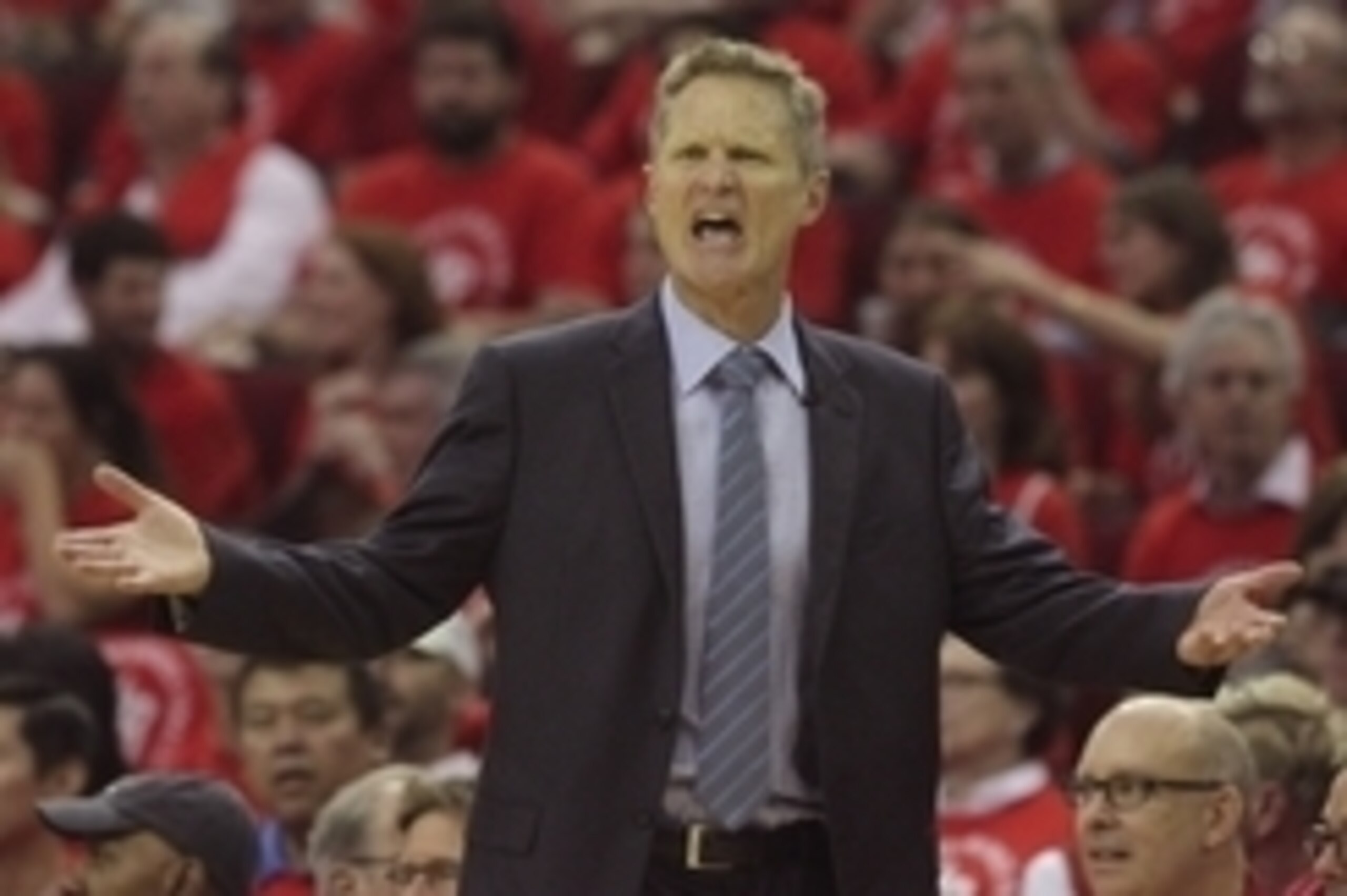 May 25, 2015; Houston, TX, USA; Golden State Warriors head coach Steve Kerr reacts during the first half against the Houston Rockets in game four of the Western Conference Finals of the NBA Playoffs. at Toyota Center. Mandatory Credit: Thomas B. Shea-USA