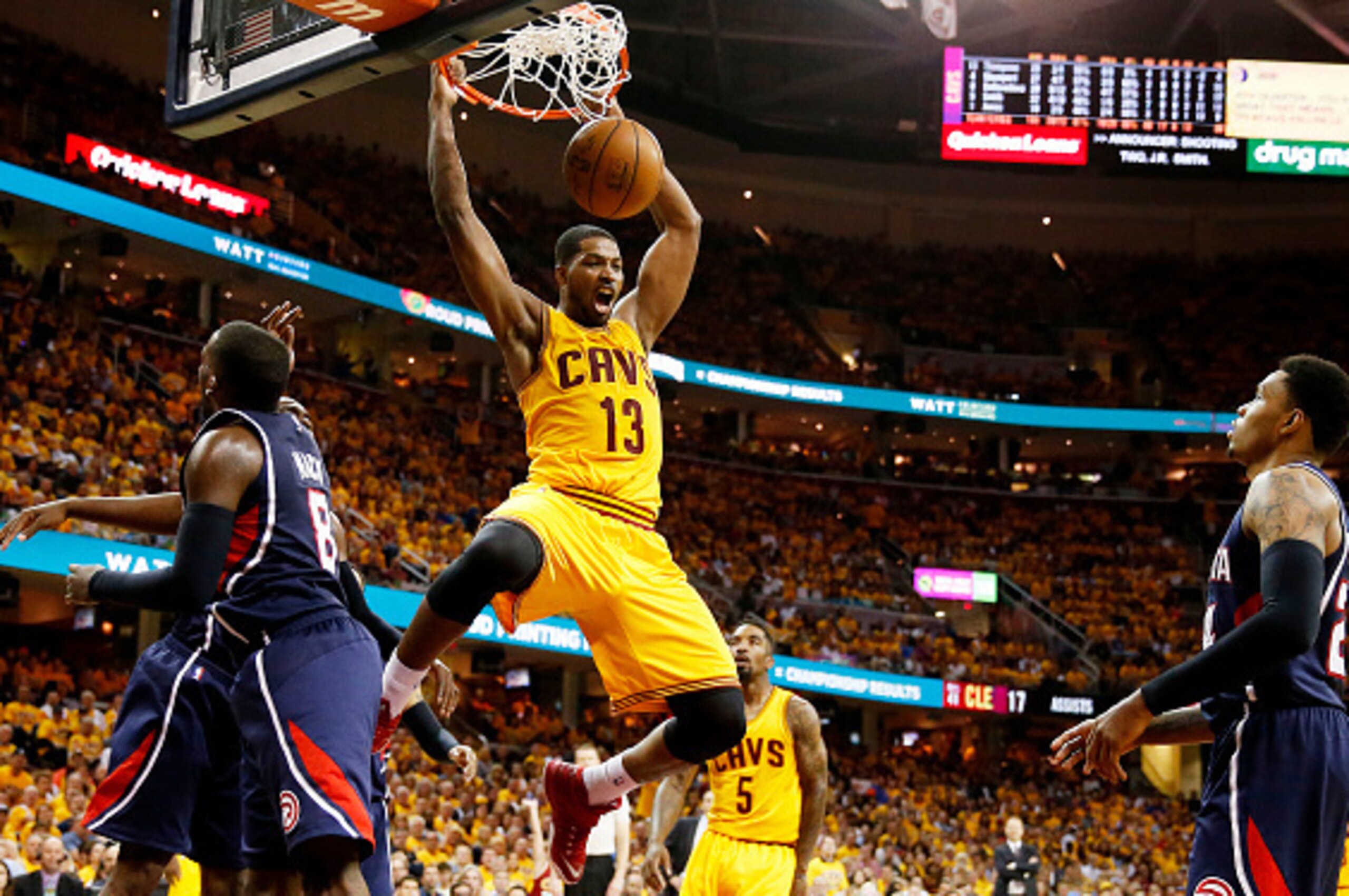 CLEVELAND, OH - MAY 24: Tristan Thompson #13 of the Cleveland Cavaliers dunks against the Atlanta Hawks in the fourth quarter during Game Three of the Eastern Conference Finals of the 2015 NBA Playoffs at Quicken Loans Arena on May 24, 2015 in Cleveland, CLEVELAND, OH - MAY 24: Tristan Thompson #13 of the Cleveland Cavaliers dunks against the Atlanta Hawks in the fourth quarter during Game Three of the Eastern Conference Finals of the 2015 NBA Playoffs at Quicken Loans Arena on May 24, 2015 in Cleveland,