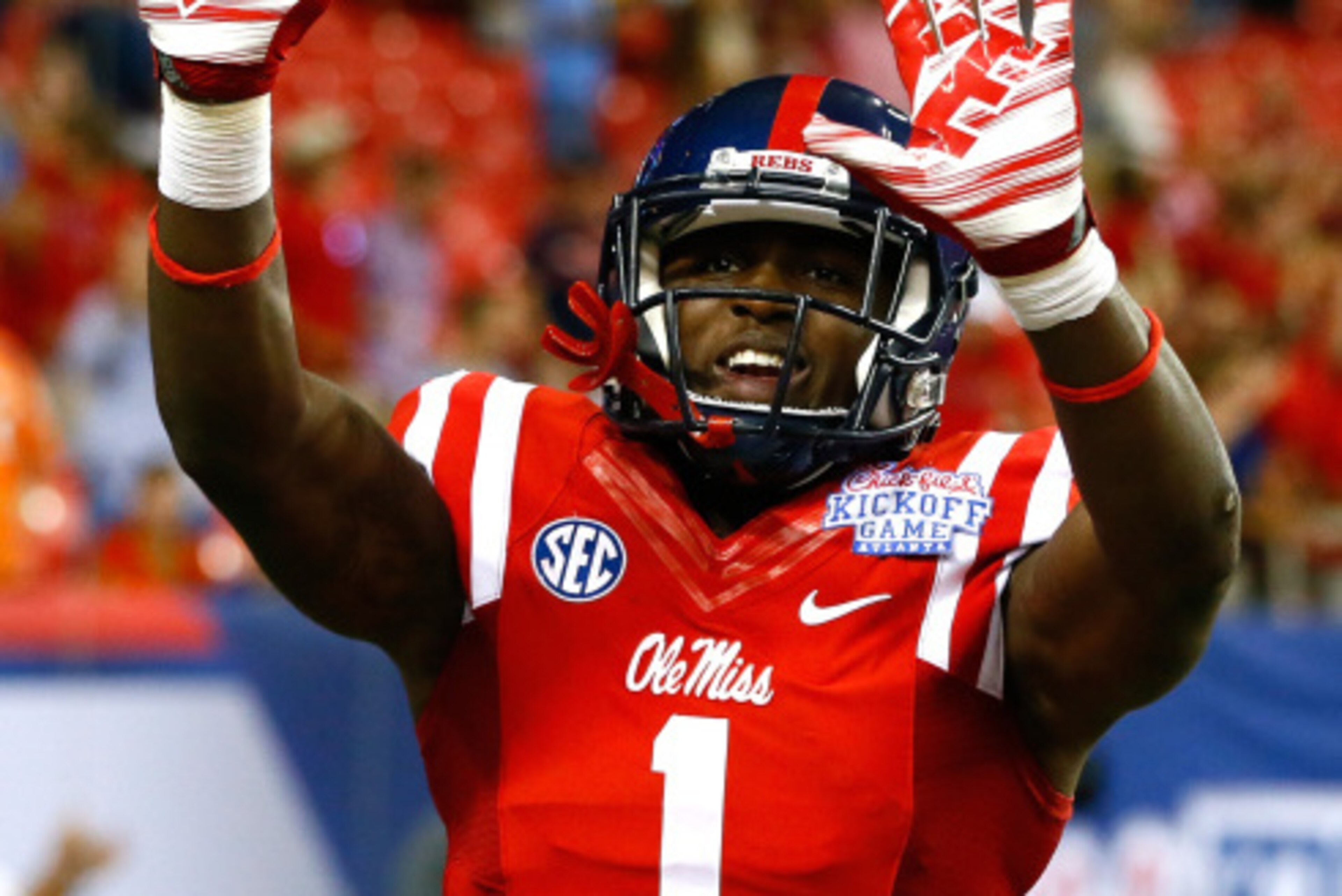 ATLANTA, GA - AUGUST 28:  Laquon Treadwell #1 of the Mississippi Rebels reacts after scoring a touchdown against the Boise State Broncos at Georgia Dome on August 28, 2014 in Atlanta, Georgia.  (Photo by Kevin C. Cox/Getty Images)