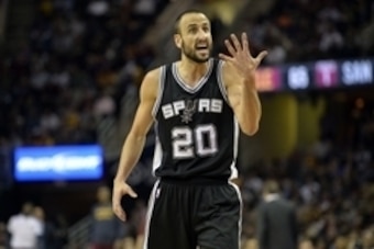 Nov 19, 2014; Cleveland, OH, USA; San Antonio Spurs guard Manu Ginobili (20) reacts against the Cleveland Cavaliers at Quicken Loans Arena. The Spurs won 92-90. Mandatory Credit: David Richard-USA TODAY Sports