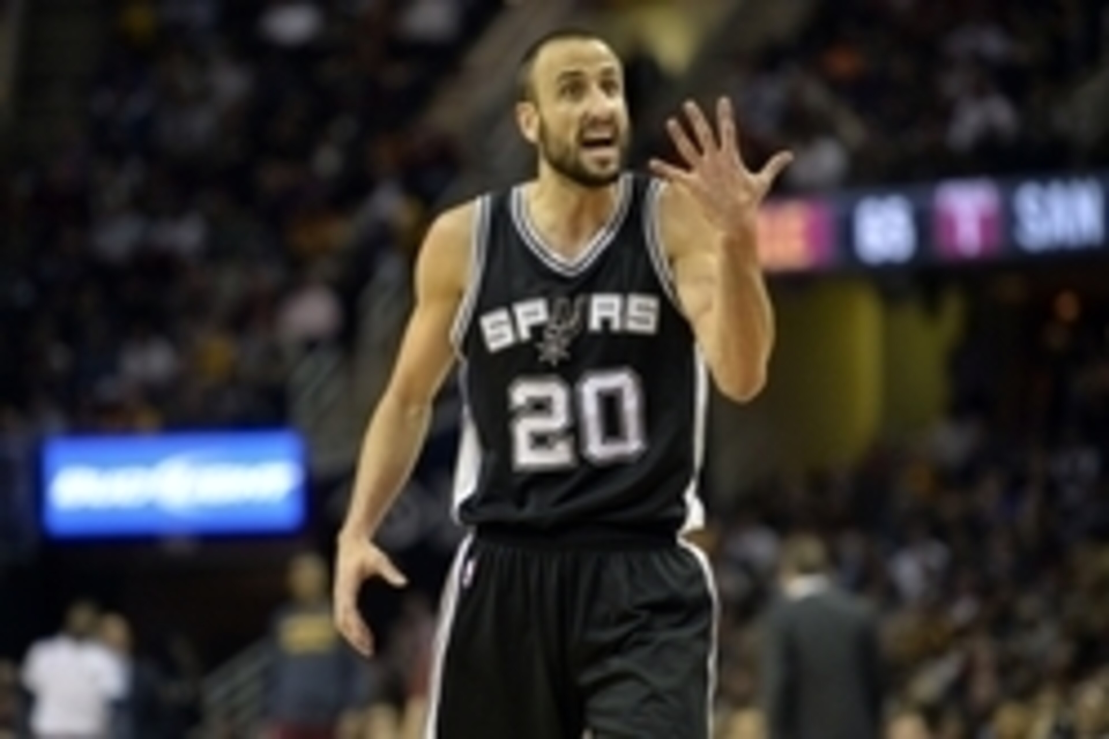 Nov 19, 2014; Cleveland, OH, USA; San Antonio Spurs guard Manu Ginobili (20) reacts against the Cleveland Cavaliers at Quicken Loans Arena. The Spurs won 92-90. Mandatory Credit: David Richard-USA TODAY Sports