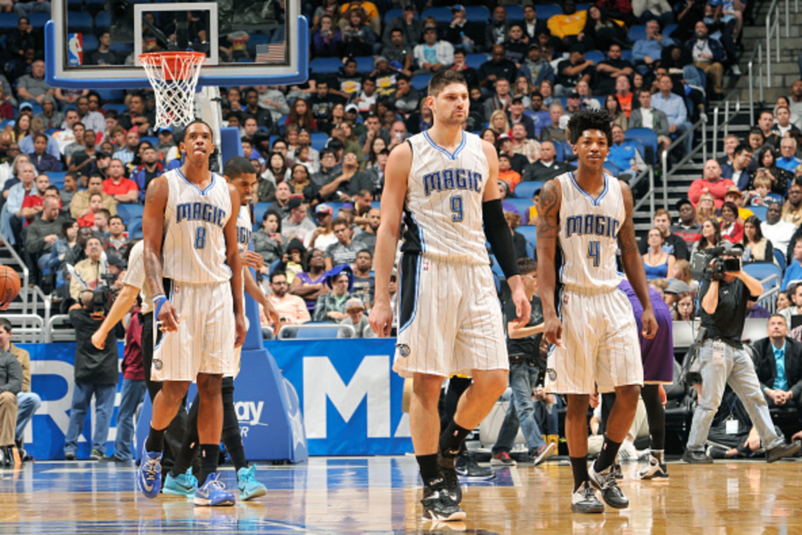 ORLANDO, FL -  FEBRUARY 6: Channing Frye #8, Nikola Vucevic #9 and Elfrid Payton #4 of the Orlando Magic during the game on February 6, 2015 at Amway Center in Orlando, Florida . NOTE TO USER: User expressly acknowledges and agrees that, by downloading an