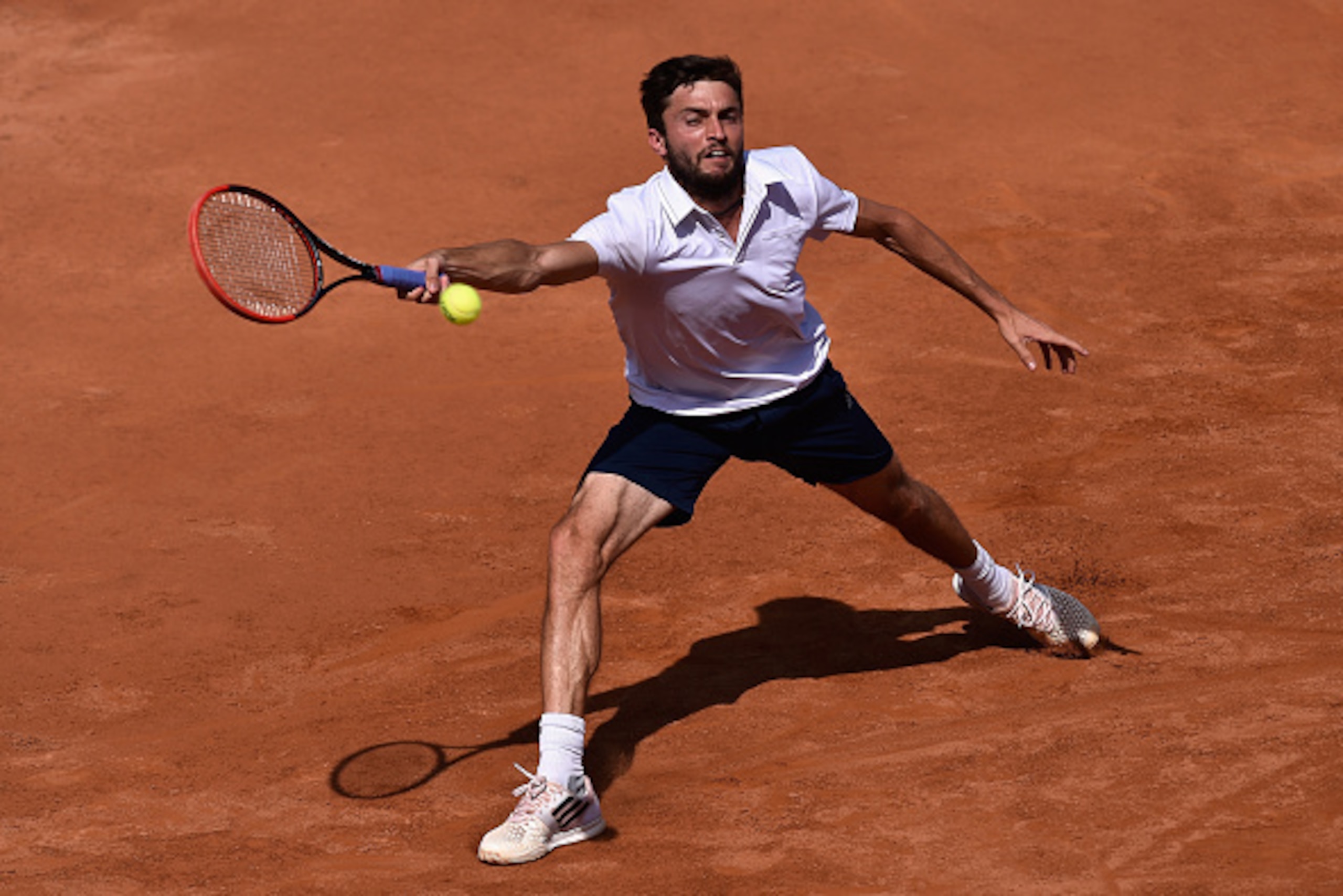 ROME, ITALY - MAY 13:  Gilles Simon of France in action during his defeat to  Dominic Thiem of Austria in their Second Round match on Day Four of The Internazionali BNL d'Italia 2015 at the Foro Italico on May 13, 2015 in Rome, Italy.  (Photo by Mike Hewi