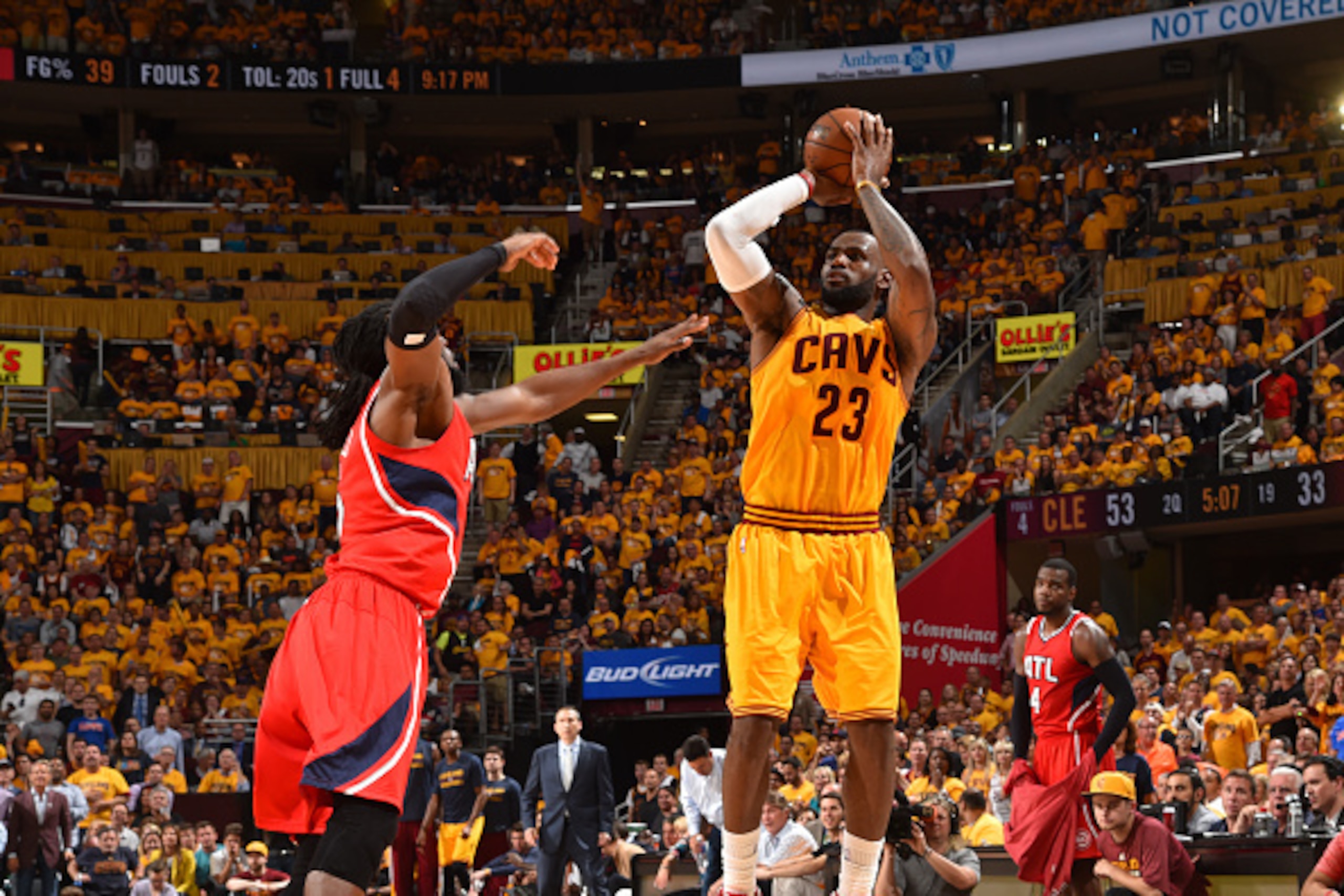 CLEVELAND,OH - MAY 26: LeBron James #23 of the Cleveland Cavaliers shoots the ball against the Atlanta Hawks at the Quicken Loans Arena During Game Four of the Eastern Conference Finals during the 2015 NBA Playoffs on May 26, 2015 in Cleveland,Ohio NOTE CLEVELAND,OH - MAY 26: LeBron James #23 of the Cleveland Cavaliers shoots the ball against the Atlanta Hawks at the Quicken Loans Arena During Game Four of the Eastern Conference Finals during the 2015 NBA Playoffs on May 26, 2015 in Cleveland,Ohio NOTE