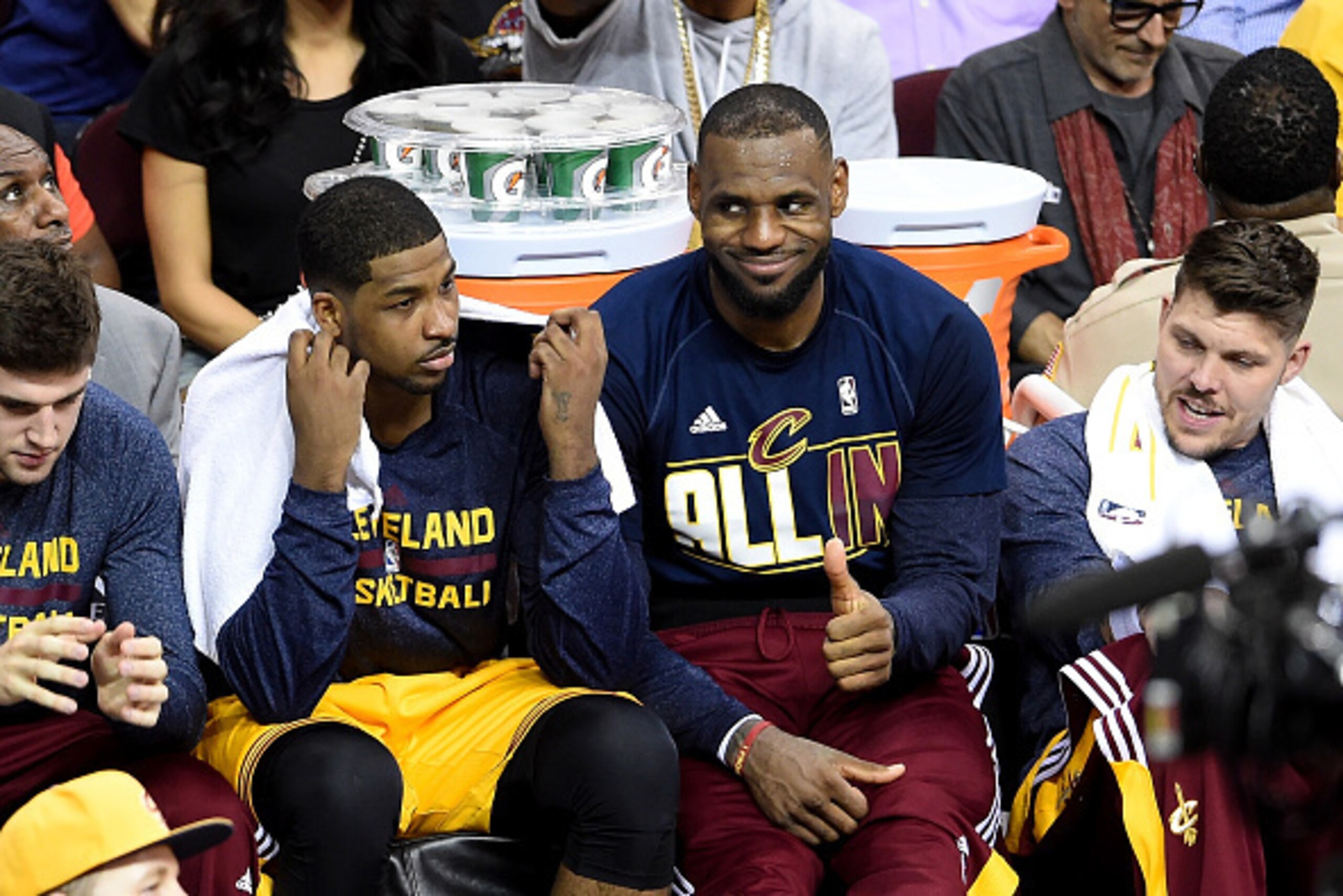 CLEVELAND, OH - MAY 26: Tristan Thompson #13 and LeBron James #23 of the Cleveland Cavaliers look on from the bench late in the second half against the Atlanta Hawks during Game Four of the Eastern Conference Finals of the 2015 NBA Playoffs at Quicken Loa CLEVELAND, OH - MAY 26: Tristan Thompson #13 and LeBron James #23 of the Cleveland Cavaliers look on from the bench late in the second half against the Atlanta Hawks during Game Four of the Eastern Conference Finals of the 2015 NBA Playoffs at Quicken Loa