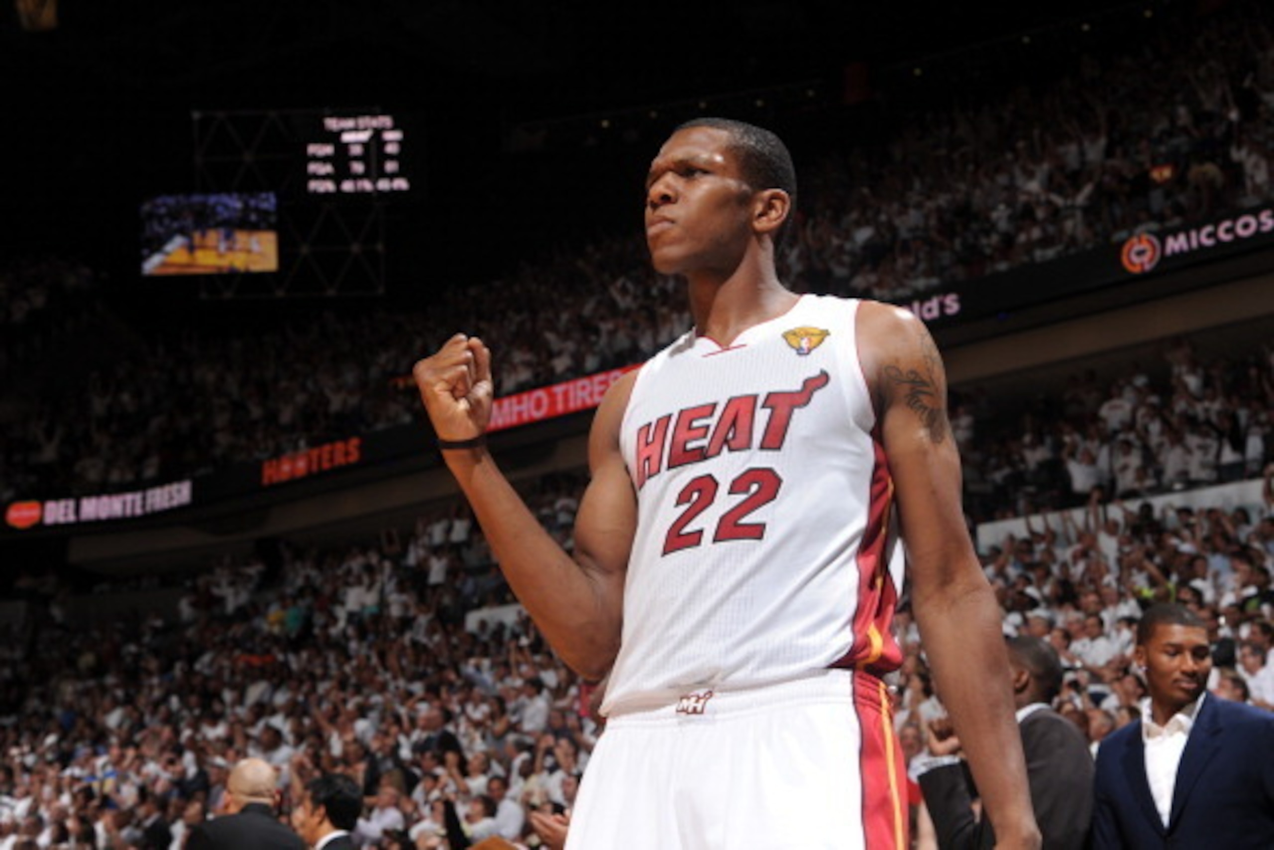 MIAMI, FL - JUNE 19: James Jones #22 of the Miami Heat celebrates against the Oklahoma City Thunder during Game Four of the 2012 NBA Finals at American Airlines Arena on June 19, 2012 in Miami, Florida. The Heat won 104-98. NOTE TO USER: User expressly ac