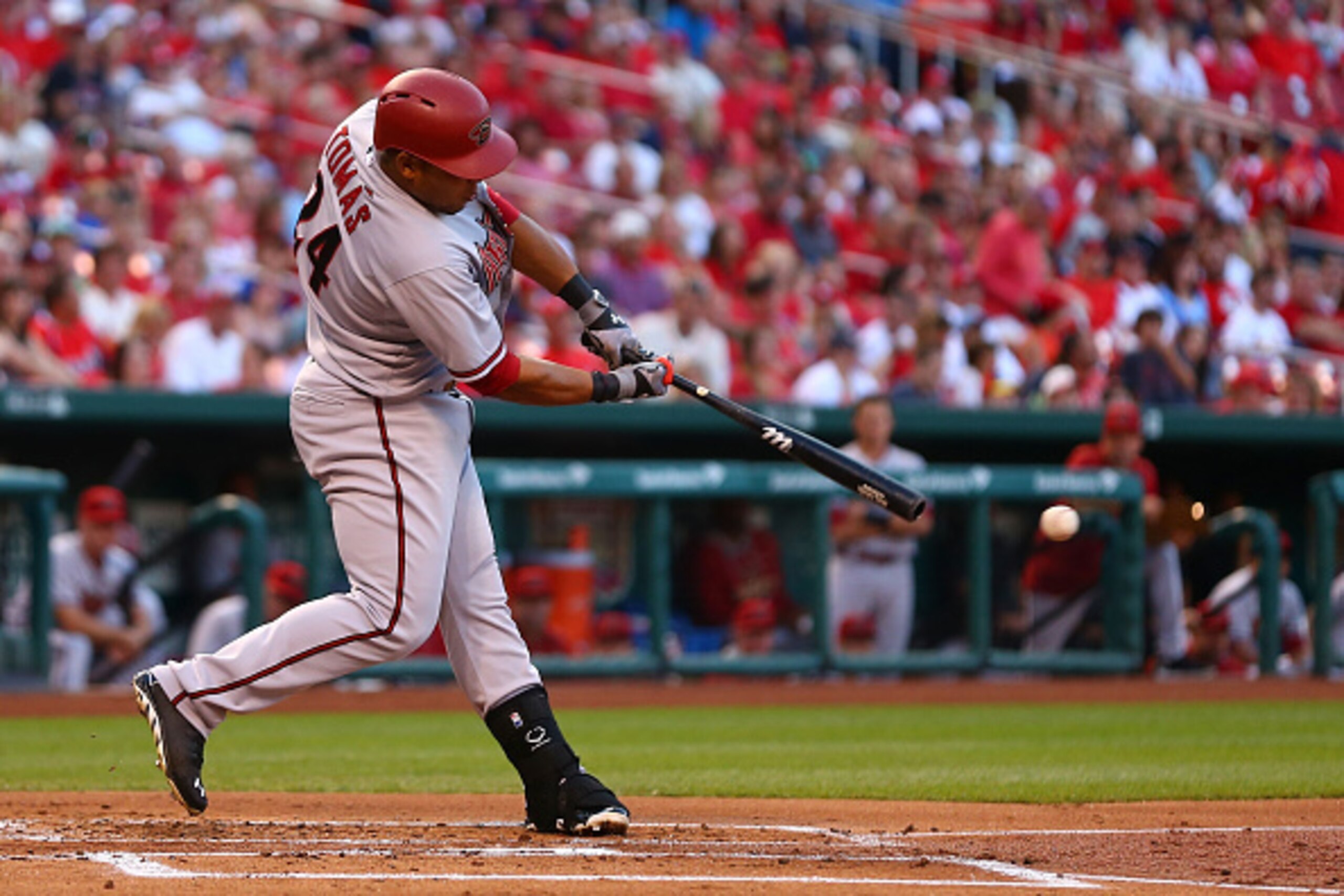 ST. LOUIS, MO - MAY 26: Yasmany Tomas #24 of the Arizona Diamondbacks hits an RBI double against the St. Louis Cardinals in the first inning at Busch Stadium on May 26, 2015 in St. Louis, Missouri.  (Photo by Dilip Vishwanat/Getty Images)