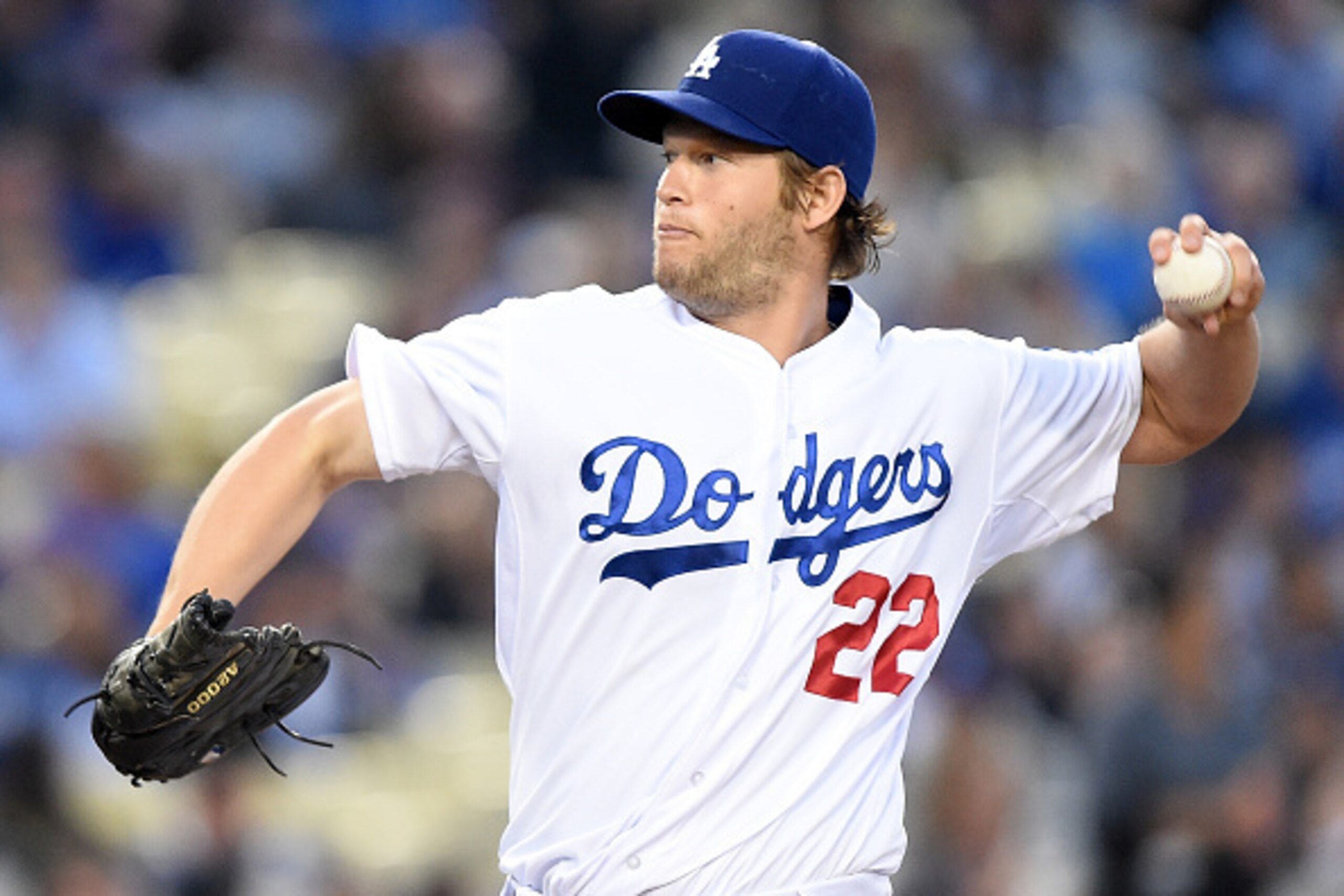 LOS ANGELES, CA - MAY 26:  Clayton Kershaw #22 of the Los Angeles Dodgers pitches against the Atlanta Braves during the third inning at Dodger Stadium on May 26, 2015 in Los Angeles, California.  (Photo by Harry How/Getty Images)