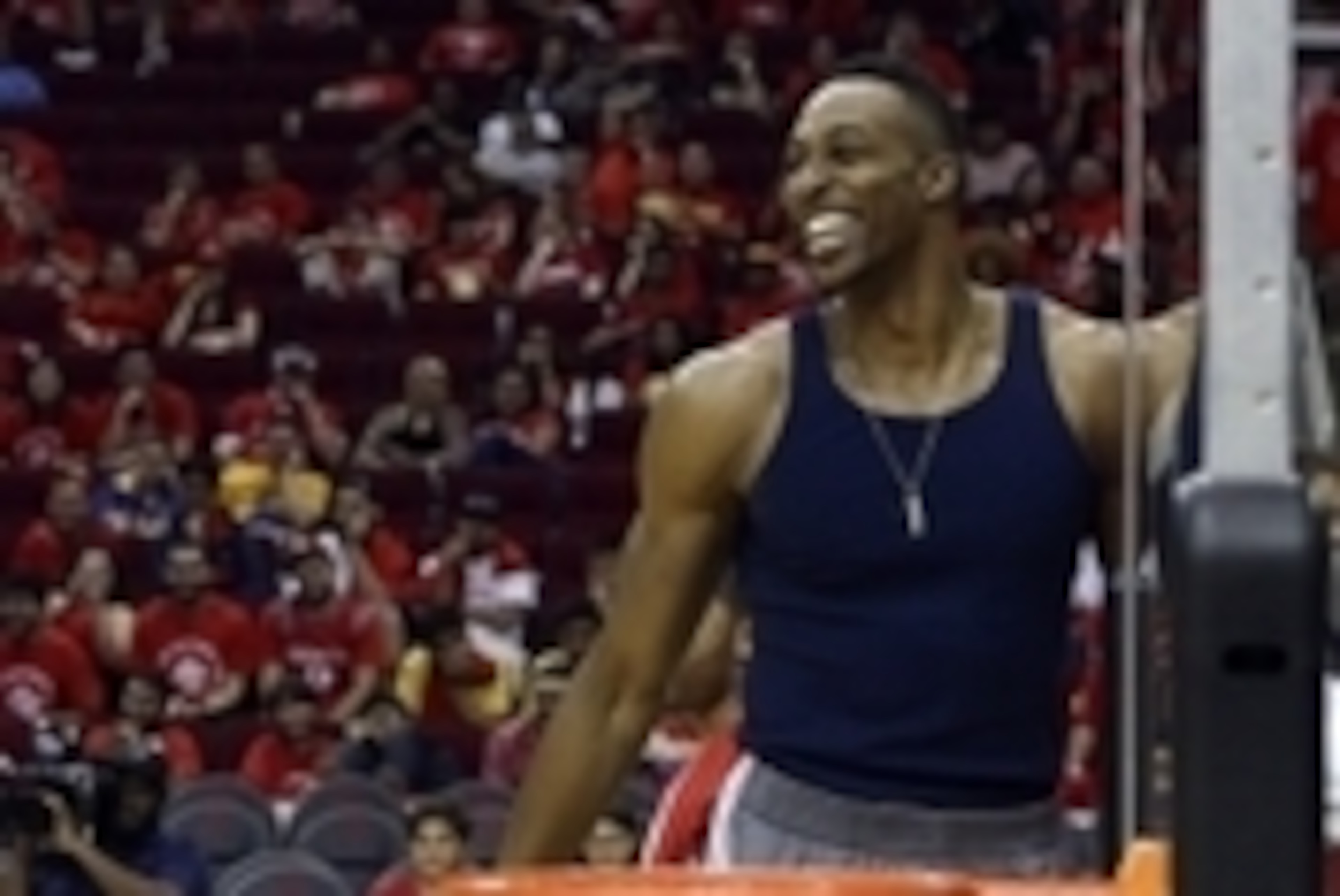 May 25, 2015; Houston, TX, USA; Houston Rockets center Dwight Howard (12) waits with fans in the arena due to emergency flash flooding in the Houston area after the game against the Golden State Warriors in game four of the Western Conference Finals of th