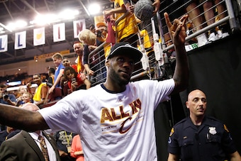 CLEVELAND, OH - MAY 26:  LeBron James #23 of the Cleveland Cavaliers celebrates after defeating the Atlanta Hawks during Game Four of the Eastern Conference Finals of the 2015 NBA Playoffs at Quicken Loans Arena on May 26, 2015 in Cleveland, Ohio. The Cav