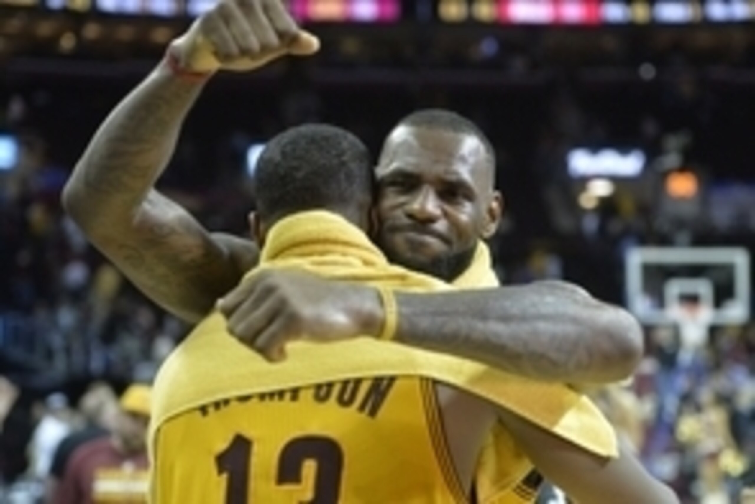 May 12, 2015; Cleveland, OH, USA; Cleveland Cavaliers forward LeBron James (23) celebrates with center Tristan Thompson (13) after a 106-101 win over the Chicago Bulls in game five of the second round of the NBA Playoffs at Quicken Loans Arena. Mandatory 