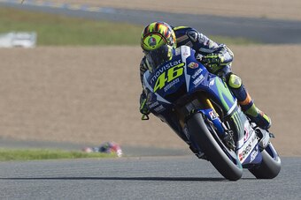 LE MANS, FRANCE - MAY 15: Valentino Rossi of Italy and Movistar Yamaha MotoGP heads down a straight during the MotoGp of France - Free Practice at on May 15, 2015 in Le Mans, France. (Photo by Mirco Lazzari gp/Getty Images)
