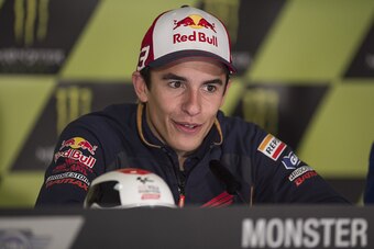 LE MANS, FRANCE - MAY 16:  Marc Marquez of Spain and Repsol Honda Team speaks during the press conference at the end of the qualifying practice during the MotoGp of France - Qualifying at  on May 16, 2015 in Le Mans, France.  (Photo by Mirco Lazzari gp/Ge