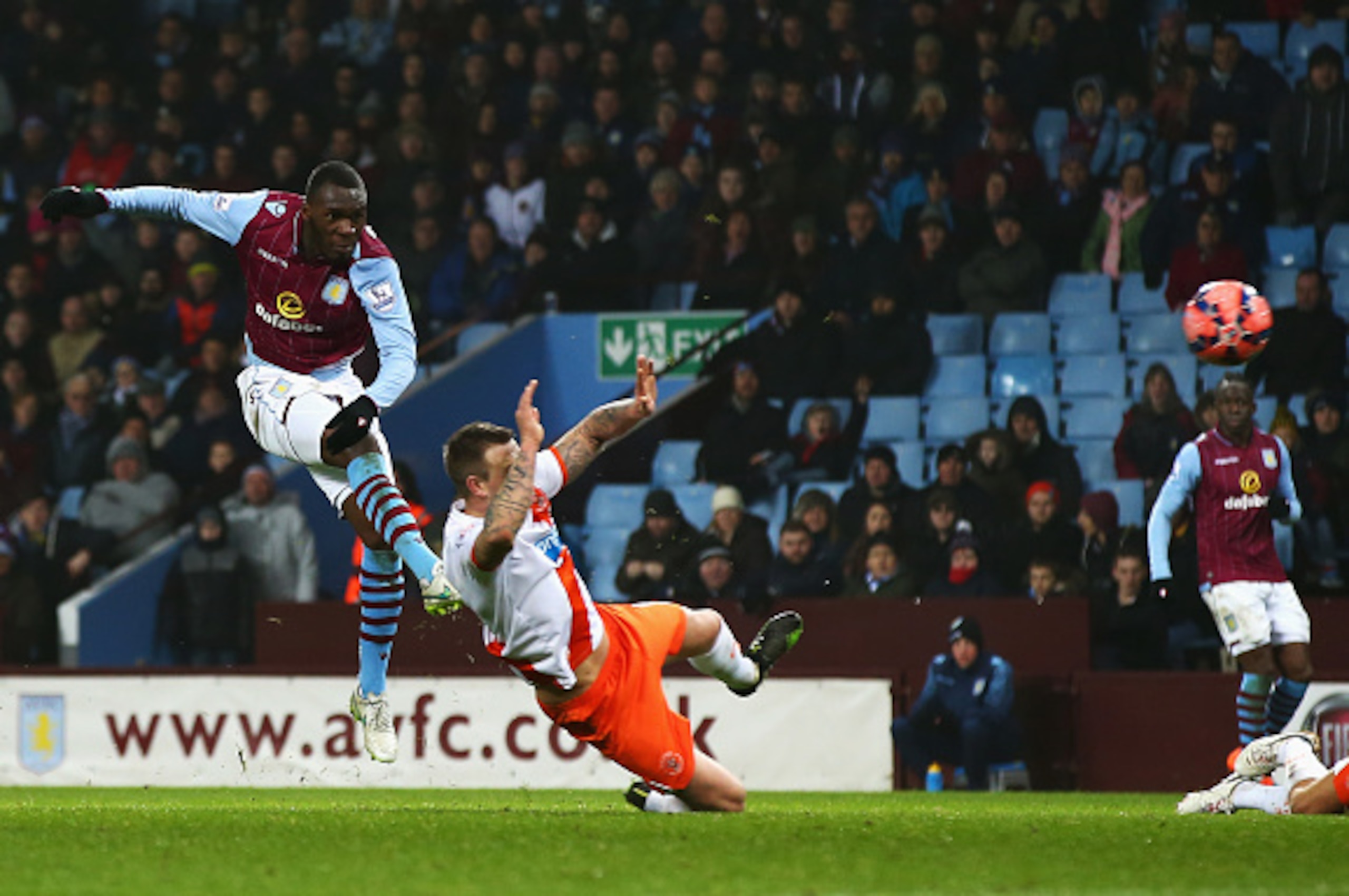 BIRMINGHAM, ENGLAND - JANUARY 04:  Christian Benteke of Aston Villa scores the opening goal during the FA Cup Third Round match between Aston Villa and Blackpool at Villa Park on January 4, 2015 in Birmingham, England.  (Photo by Matthew Lewis/Getty Image