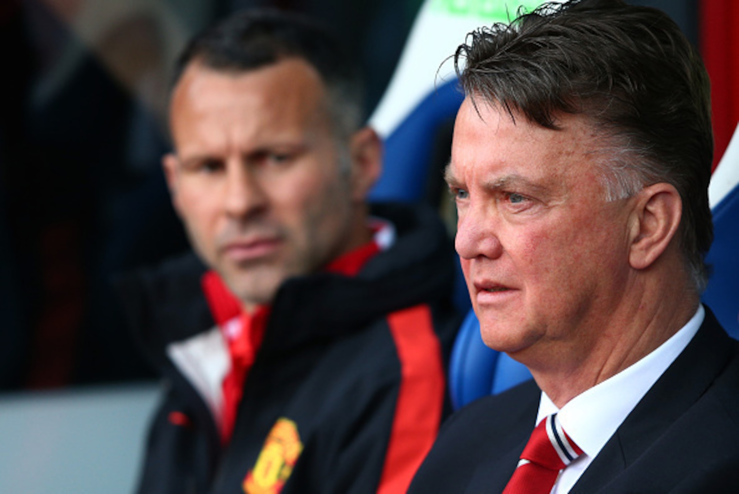 LONDON, ENGLAND - MAY 09: Louis van Gaal, manager of Manchester United looks on with assistant Ryan Giggs during the Barclays Premier League match between Crystal Palace and Manchester United at Selhurst Park on May 9, 2015 in London, England.  (Photo by 
