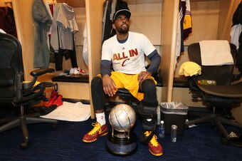 CLEVELAND, OH - MAY 26: Kyrie Irving #2 of the Cleveland Cavaliers celebrates winning the Eastern Conference Final after  Game Four of the Eastern Conference Finals during the 2015 NBA Playoffs against the Atlanta Hawks on May 26, 2015 at Quicken Loans Ar
