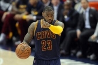 May 20, 2015; Atlanta, GA, USA; Cleveland Cavaliers forward LeBron James (23) reacts during the fourth quarter of game one of the Eastern Conference Finals of the NBA Playoffs against the Atlanta Hawks at Philips Arena. Cleveland won 97-89. Mandatory Cred