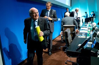 ZURICH, SWITZERLAND - MARCH 20: FIFA President Joseph S. Blatter leaves the room after a press conference at the end of the FIFA Executive Comitee meeting at the FIFA headquarters on March 20, 2015 in Zurich, Switzerland. (Photo by Philipp Schmidli/Getty 
