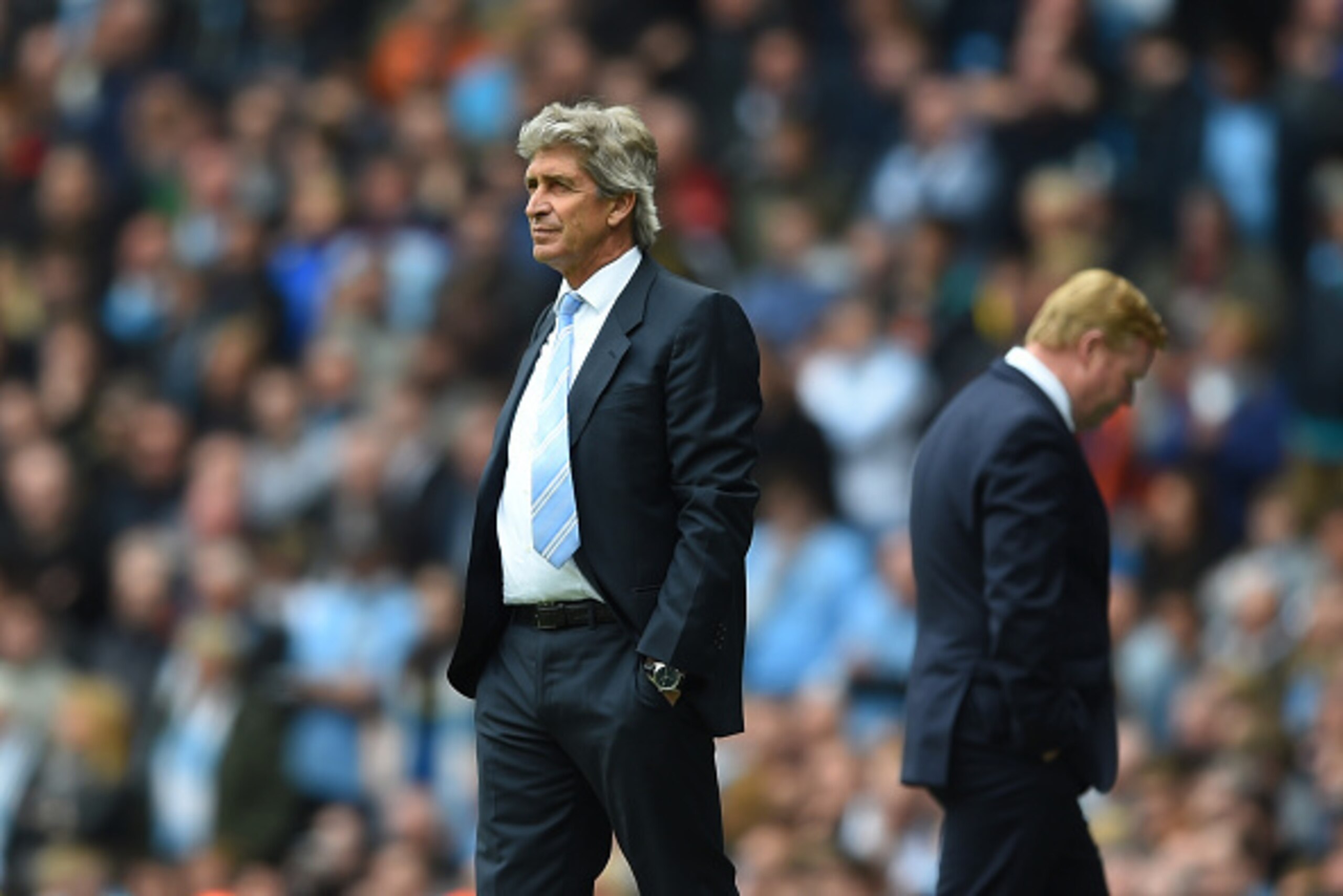 MANCHESTER, ENGLAND - MAY 24: Manchester City manager Manuel Pellegrini looks on during the Barclays Premier League match between Manchester City and Southampton at Etihad Stadium on May 24, 2015 in Manchester, England.  (Photo by Shaun Botterill/Getty Im