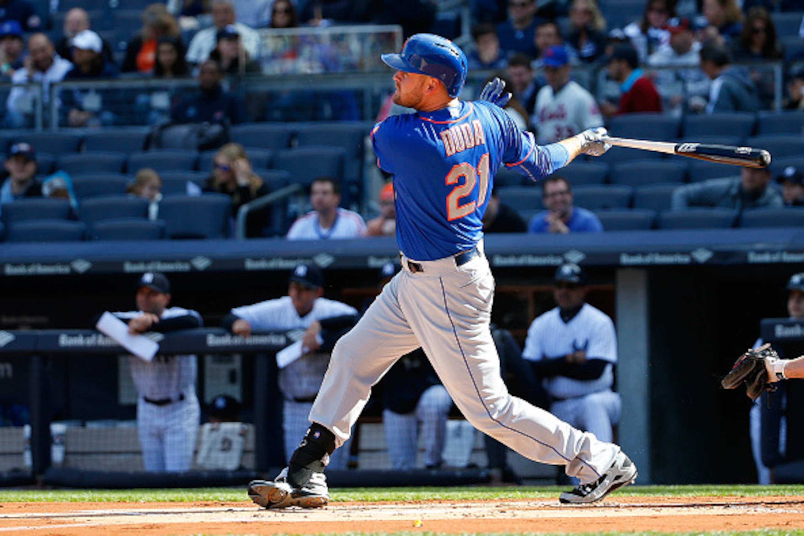 NEW YORK, NY - APRIL 25: Lucas Duda #21 of the New York Mets hits a home run in the first inning against the New York Yankees on April 25, 2015 at Yankee Stadium in the Bronx borough of New York City. (Photo by Nate Shron/Getty Images)