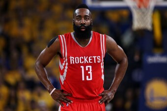 OAKLAND, CA - MAY 19:  James Harden #13 of the Houston Rockets reacts in the first half against the Golden State Warriors during Game One of the Western Conference Finals of the 2015 NBA Playoffs at ORACLE Arena on May 19, 2015 in Oakland, California.  NO