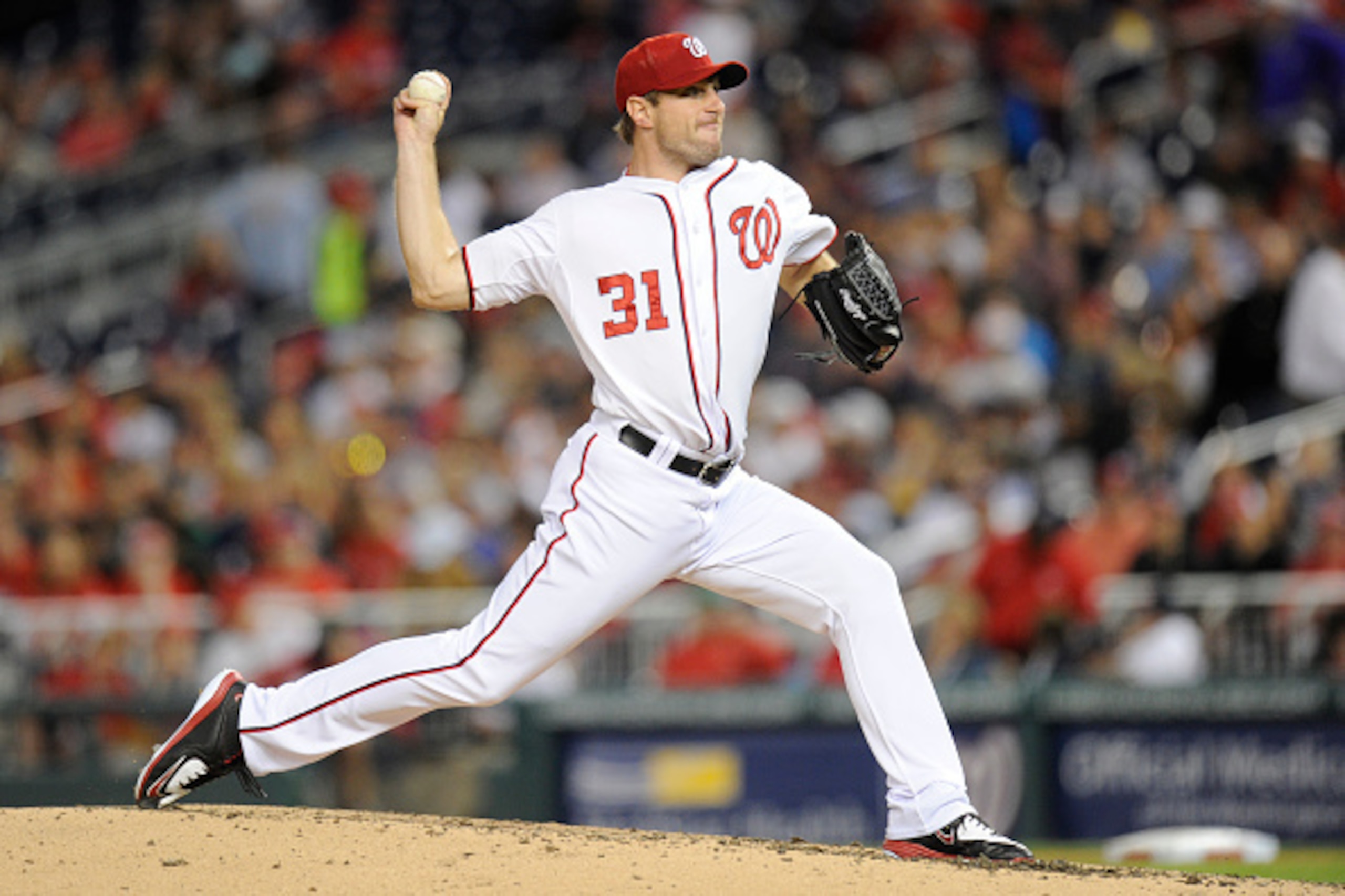 WASHINGTON, DC - MAY 22: Max Scherzer #31 of the Washington Nationals pitches in the sixth inning during a baseball game against the Philadelphia Phillies at Nationals Park on May 22, 2015 in Washington, DC. The Nationals won 2-1. (Photo by Mitchell La WASHINGTON, DC - MAY 22: Max Scherzer #31 of the Washington Nationals pitches in the sixth inning during a baseball game against the Philadelphia Phillies at Nationals Park on May 22, 2015 in Washington, DC. The Nationals won 2-1. (Photo by Mitchell La