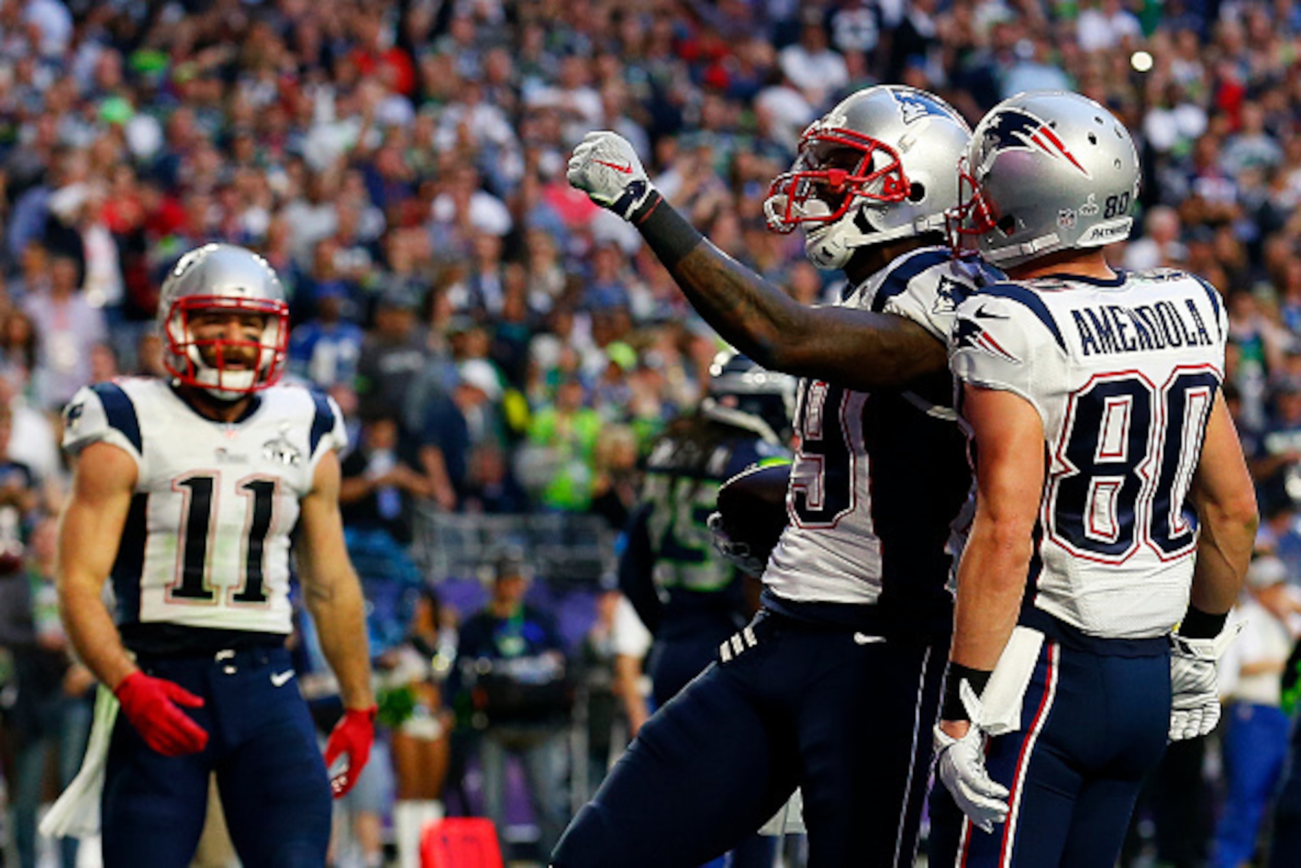 GLENDALE, AZ - FEBRUARY 01:  Brandon LaFell #19 celebrates after a touchdown with  Danny Amendola #80 of the New England Patriots against the Seattle Seahawks in the second quarter during Super Bowl XLIX at University of Phoenix Stadium on February 1, 201