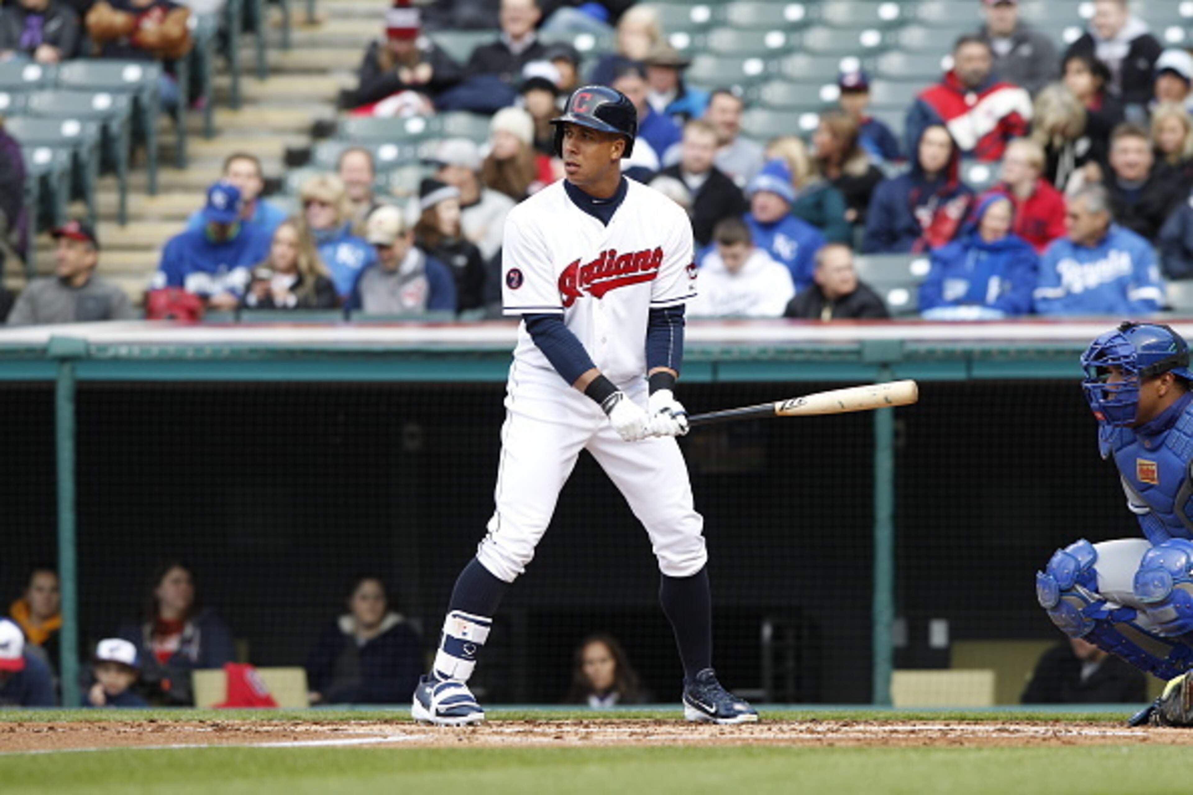 CLEVELAND, OH - APRIL 27: Michael Brantley #23 of the Cleveland Indians bats against the Kansas City Royals during the first inning of their game on April 27, 2015 at Progressive Field in Cleveland, Ohio. The Royals defeated the Indians 6-2. (Photo by Dav CLEVELAND, OH - APRIL 27: Michael Brantley #23 of the Cleveland Indians bats against the Kansas City Royals during the first inning of their game on April 27, 2015 at Progressive Field in Cleveland, Ohio. The Royals defeated the Indians 6-2. (Photo by Dav
