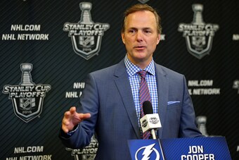 NEW YORK, NY - MAY 24:  Jon Cooper of the Tampa Bay Lightning speaks to the media after winning Game Five of the Eastern Conference Finals against the New York Rangers during the 2015 NHL Stanley Cup Playoffs at Madison Square Garden on May 24, 2015 in Ne