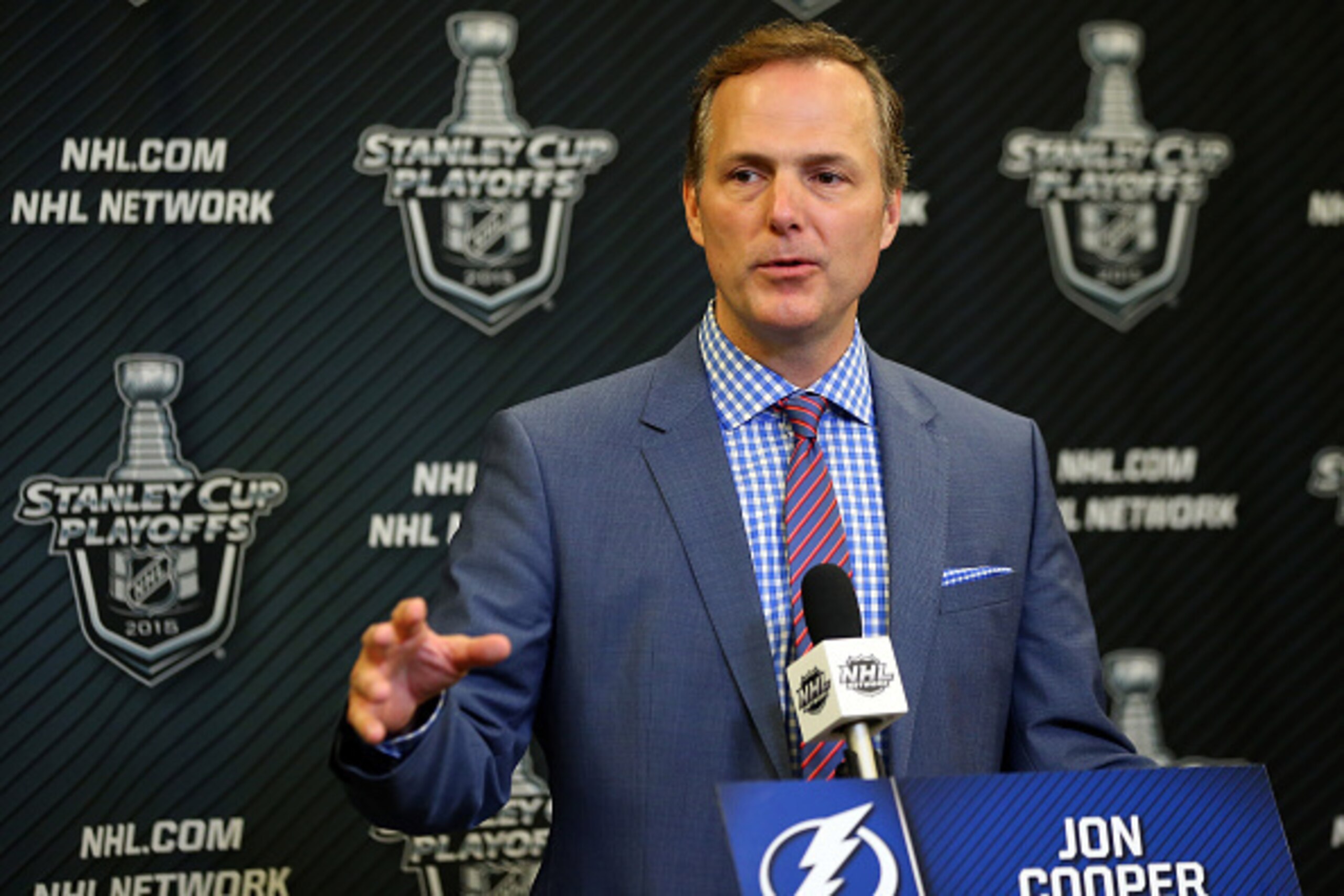 NEW YORK, NY - MAY 24:  Jon Cooper of the Tampa Bay Lightning speaks to the media after winning Game Five of the Eastern Conference Finals against the New York Rangers during the 2015 NHL Stanley Cup Playoffs at Madison Square Garden on May 24, 2015 in Ne