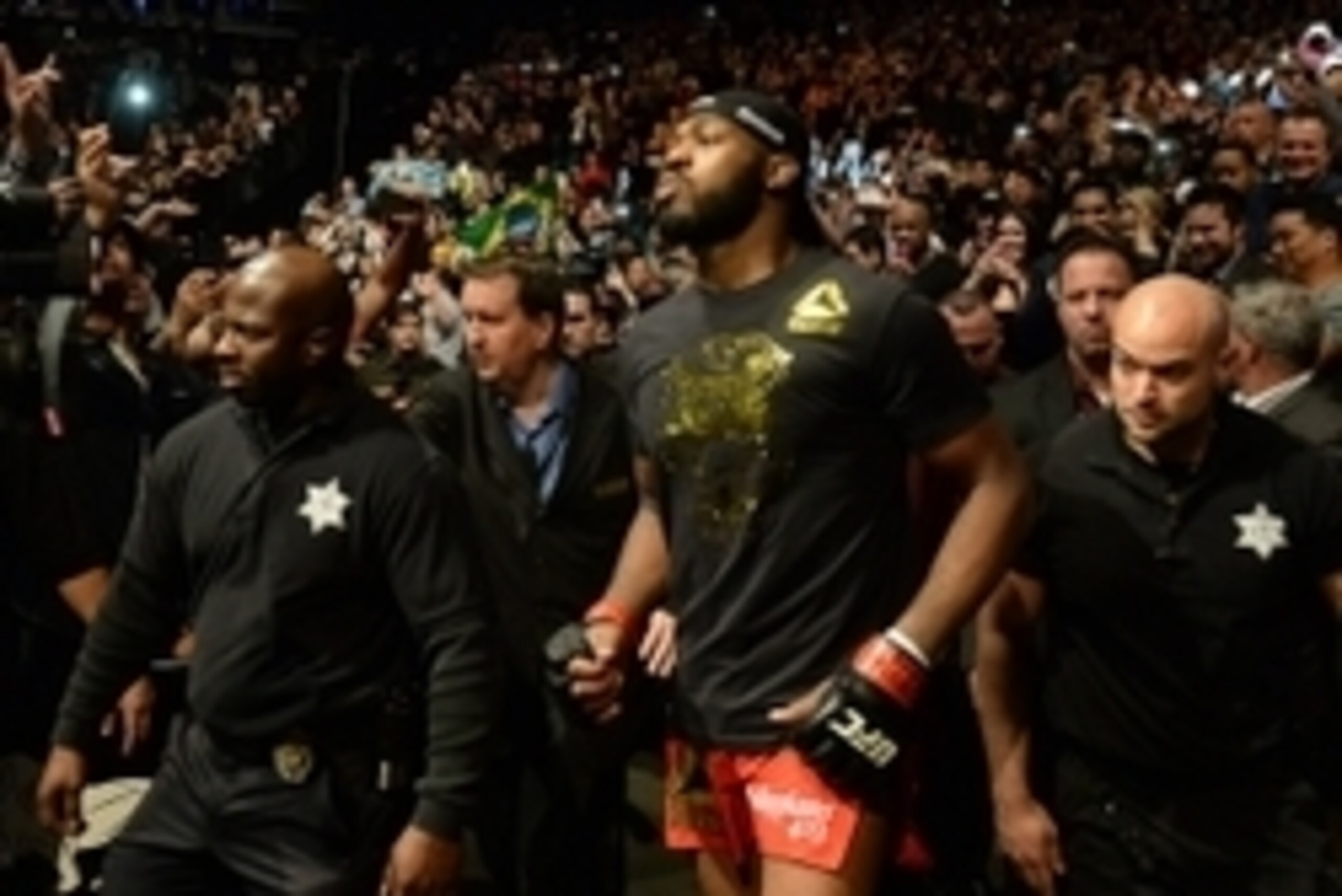 Jan 3, 2015; Las Vegas, NV, USA; Jon Jones (red gloves) before his light heavyweight title fight at UFC 182 at MGM Grand Garden Arena. Mandatory Credit: Jayne Kamin-Oncea-USA TODAY Sports