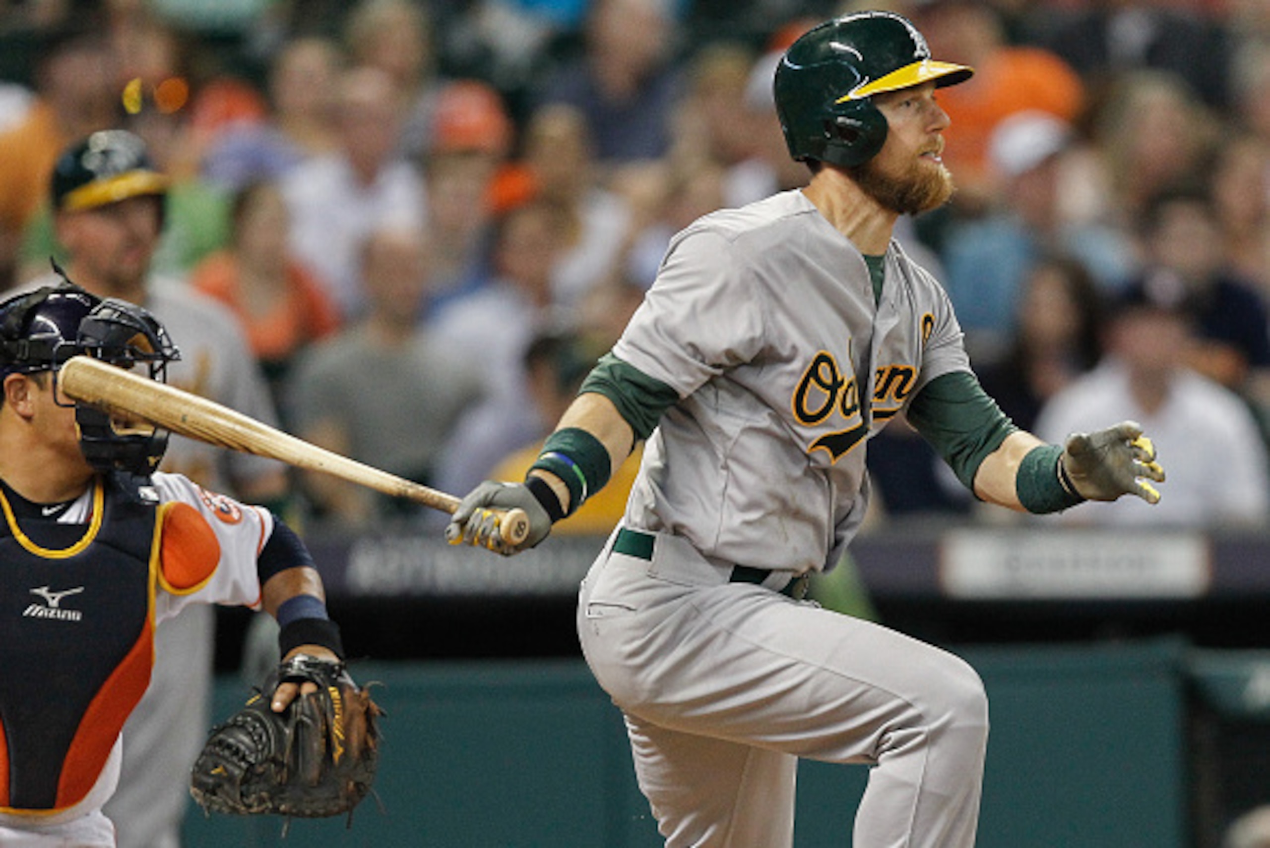 HOUSTON, TX - APRIL 13:  Ben Zobrist #18 of the Oakland Athletics singles in the fifth inning against the Houston Astros at Minute Maid Park on April 13, 2015 in Houston, Texas.  (Photo by Bob Levey/Getty Images)