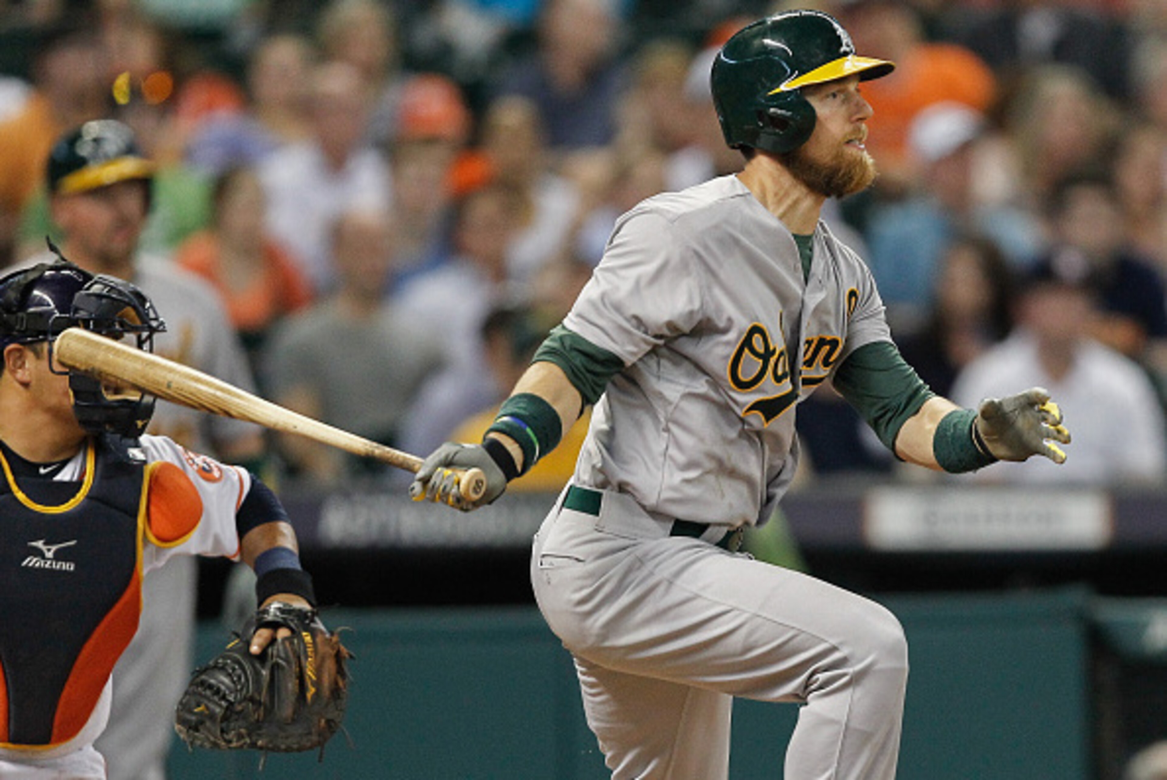 HOUSTON, TX - APRIL 13:  Ben Zobrist #18 of the Oakland Athletics singles in the fifth inning against the Houston Astros at Minute Maid Park on April 13, 2015 in Houston, Texas.  (Photo by Bob Levey/Getty Images)