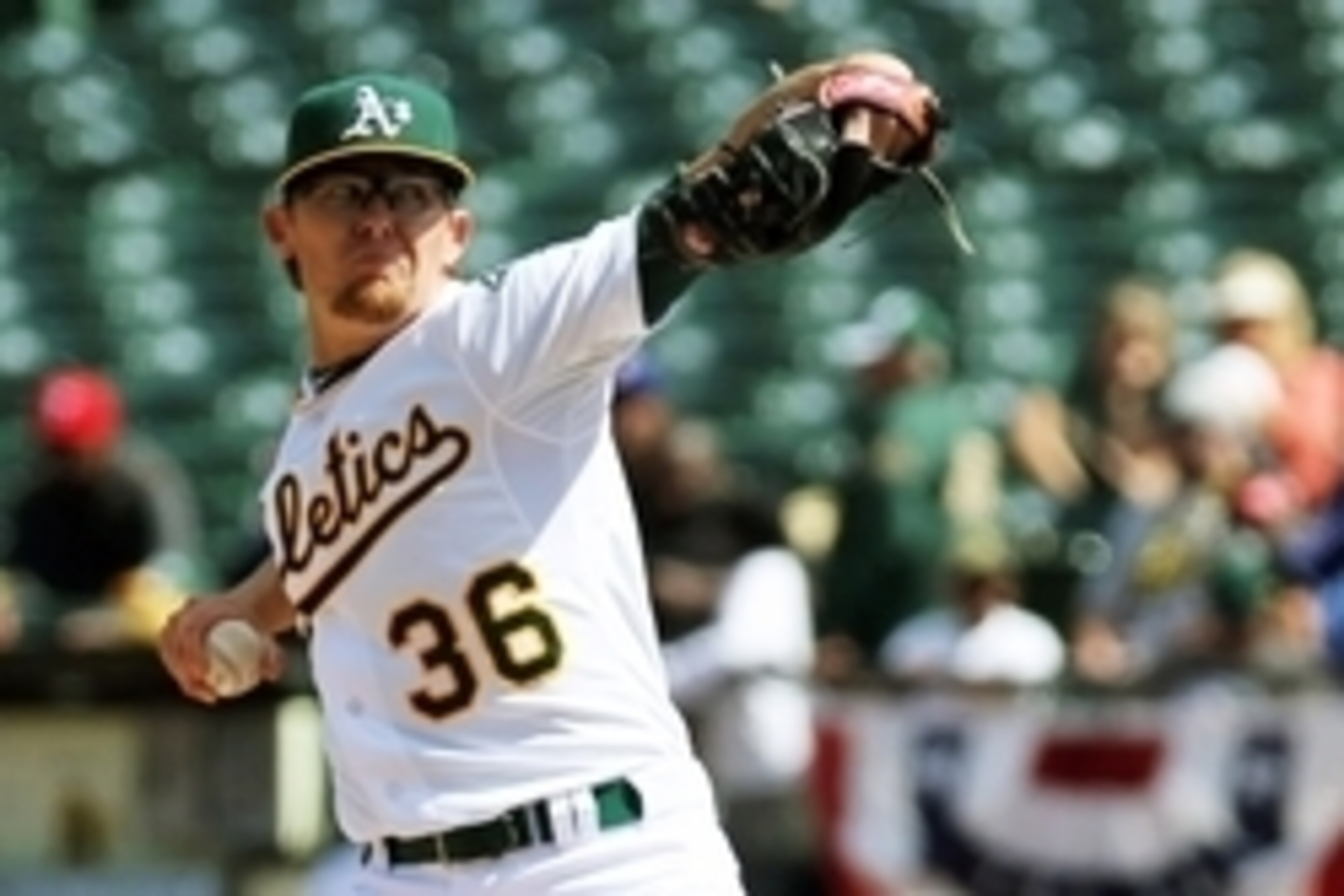 Apr 9, 2015; Oakland, CA, USA; Oakland Athletics relief pitcher Tyler Clippard (36) throws against the Texas Rangers in the ninth inning of their MLB baseball game at O.co Coliseum. Mandatory Credit: Lance Iversen-USA TODAY Sports
