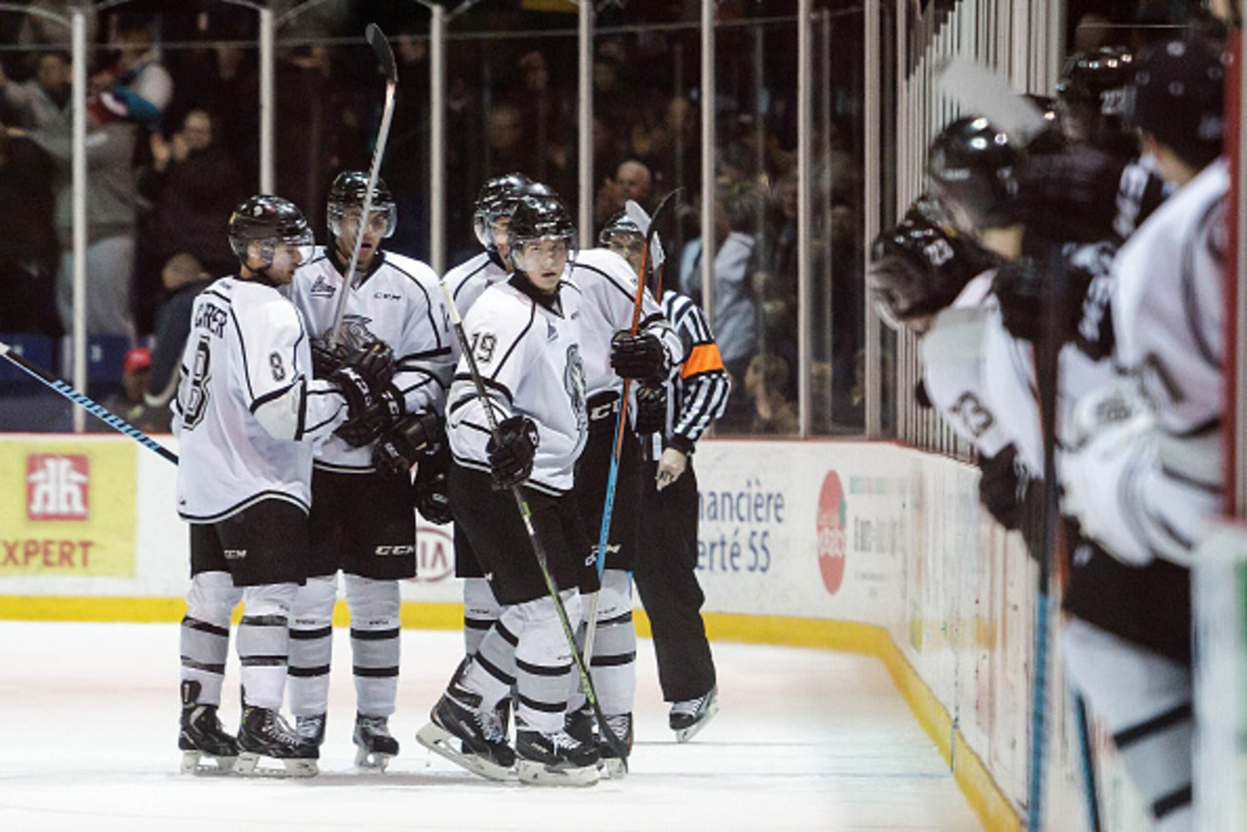 GATINEAU, CANADA - FEBRUARY 22: Valentin Zykov #19 of the Rimouski Oceanic celebrates with teammates his game winning and second goal of the game against the Gatineau Olympiques on February 22, 2015 at Robert Guertin Arena in Gatineau, Quebec, Canada. (P GATINEAU, CANADA - FEBRUARY 22: Valentin Zykov #19 of the Rimouski Oceanic celebrates with teammates his game winning and second goal of the game against the Gatineau Olympiques on February 22, 2015 at Robert Guertin Arena in Gatineau, Quebec, Canada. (P