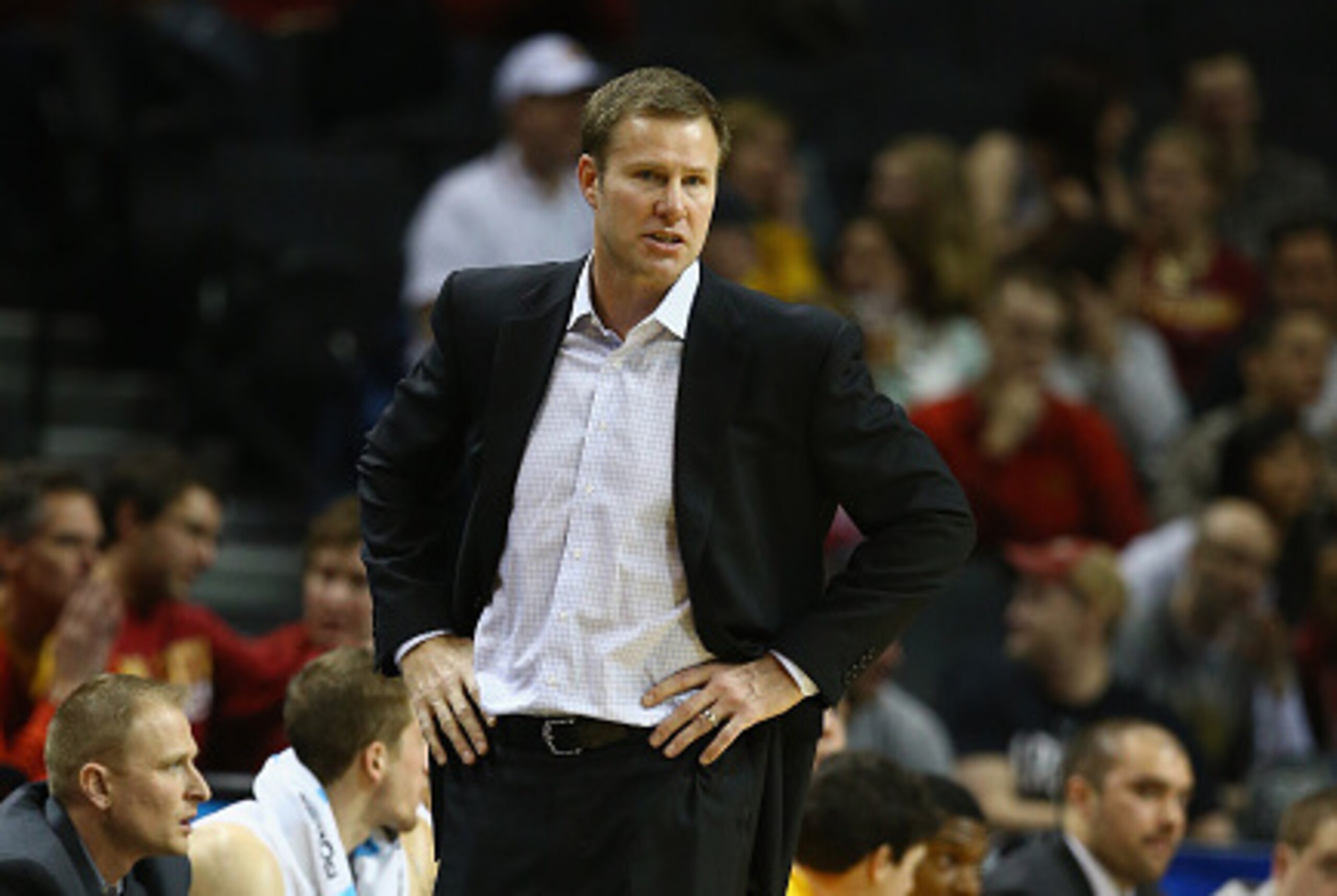 NEW YORK, NY - JANUARY 03:  Iowa State Cyclones head coach Fred Hoiberg shouts instructions to his team against the South Carolina Gamecocks during their game at the Barclays Center on January 3, 2015 in New York City.  (Photo by Al Bello/Getty Images)