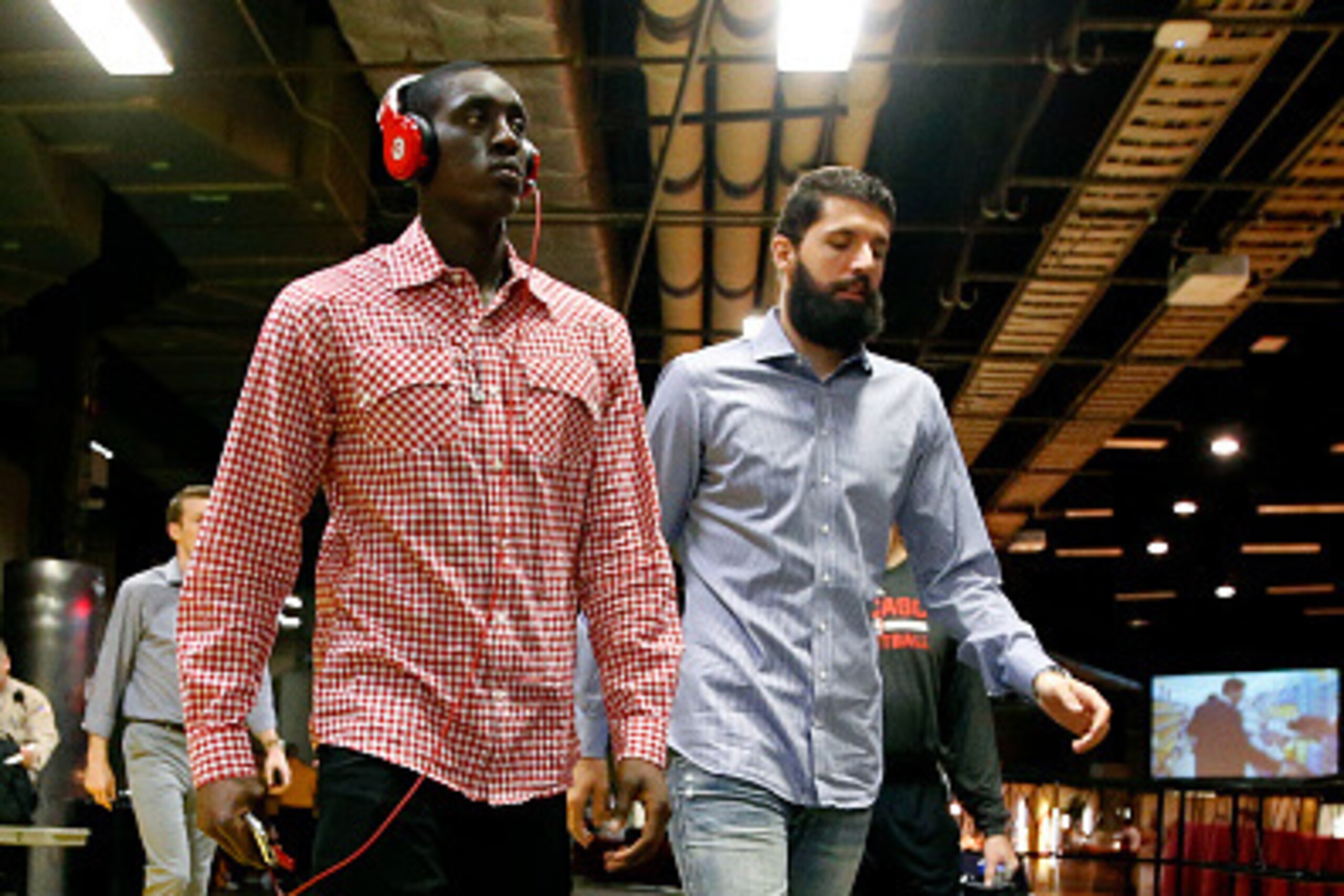 CLEVELAND, OH - MAY 4: Tony Snell #20 and Nikola Mirotic #44 of the Chicago Bulls arrive at the arena before a game against the Cleveland Cavaliers in Game One of the Eastern Conference Semifinals of the NBA Playoffs at The Quicken Loans Arena on May 4, 2