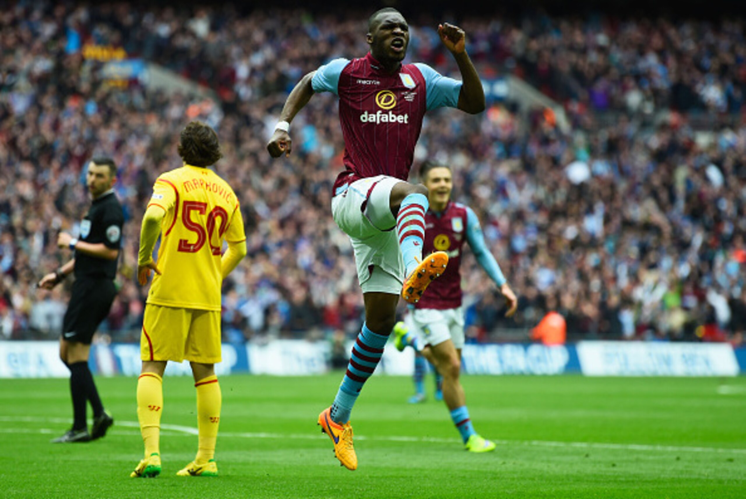 LONDON, ENGLAND - APRIL 19:  Christian Benteke of Aston Villa celebrates scoring their first goal during the FA Cup Semi Final between Aston Villa and Liverpool at Wembley Stadium on April 19, 2015 in London, England.  (Photo by Mike Hewitt/Getty Images)