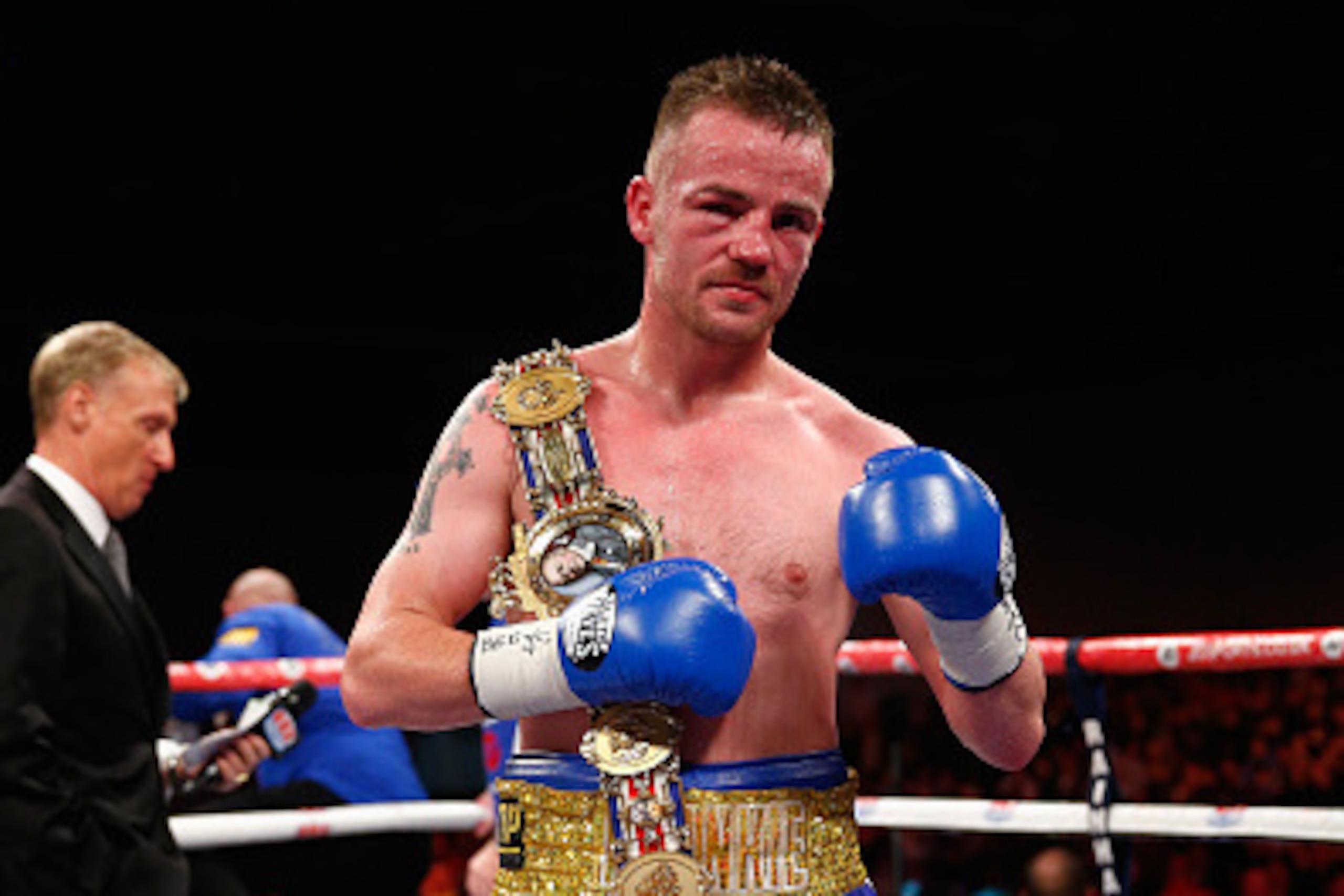 LONDON, ENGLAND - NOVEMBER 29:  Frankie Gavin celebrates defeating Bradley Skeete in the british and vacant commonwealth welterweight championships during Boxing at ExCel on November 29, 2014 in London, England.  (Photo by Julian Finney/Getty Images)